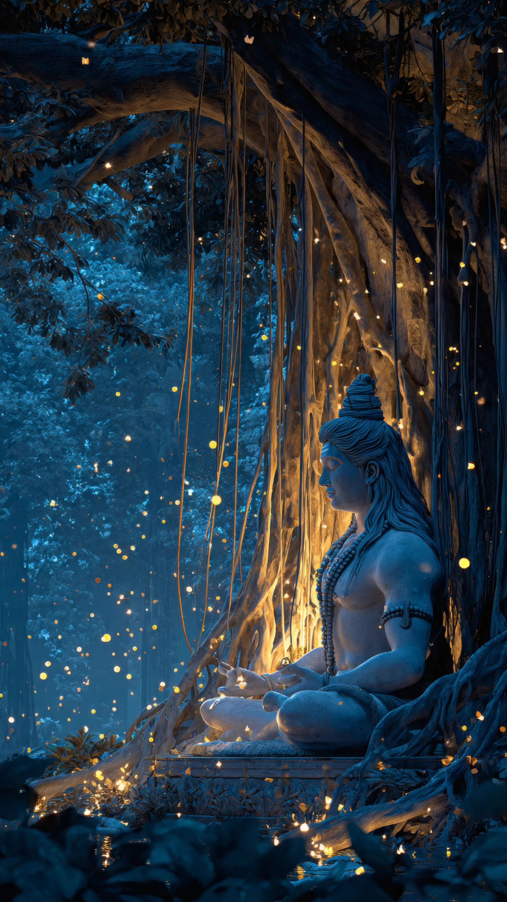Meditating Shiva Statue Under Banyan Tree with Fireflies