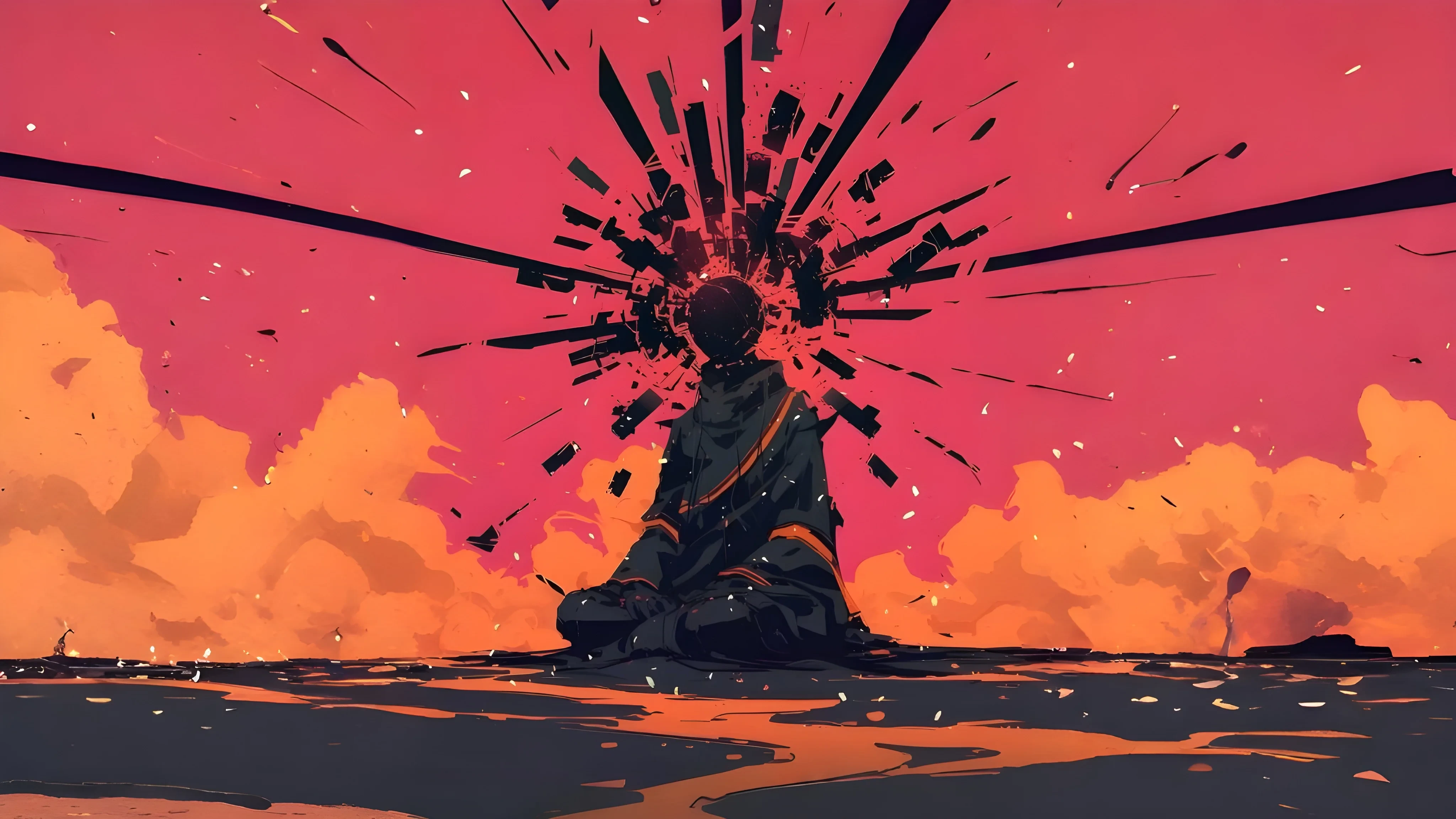 Meditative Figure in Shattered Reality Sunset Hues