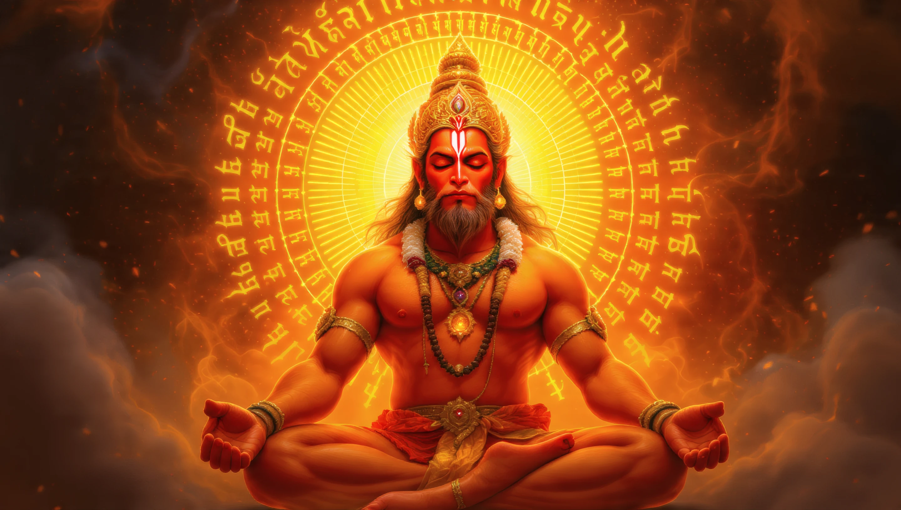 Meditative Hanuman with Ornate Jewelry and Halo