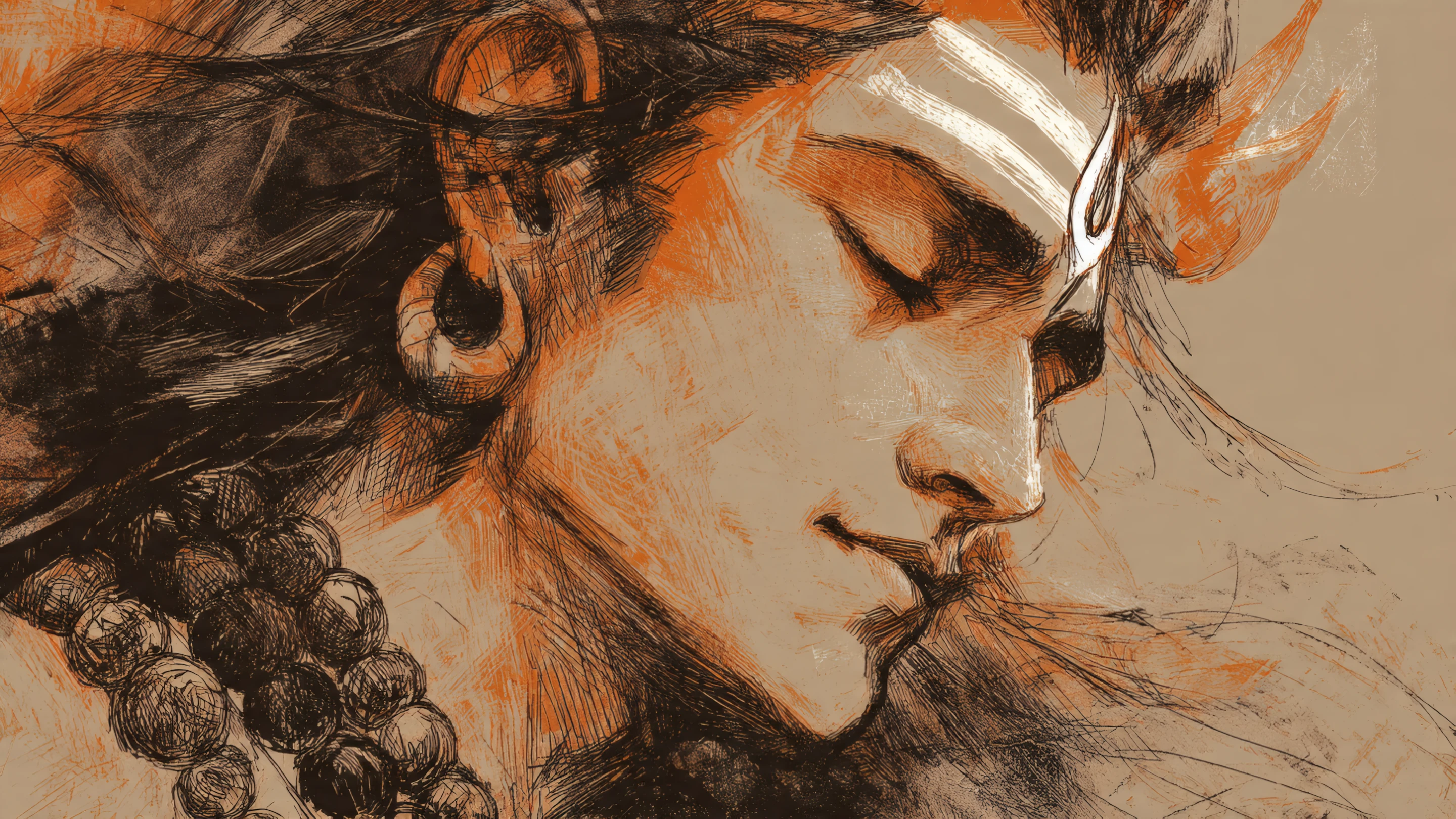 Meditative Lord Shiva Sketch in Orange and Beige Tones
