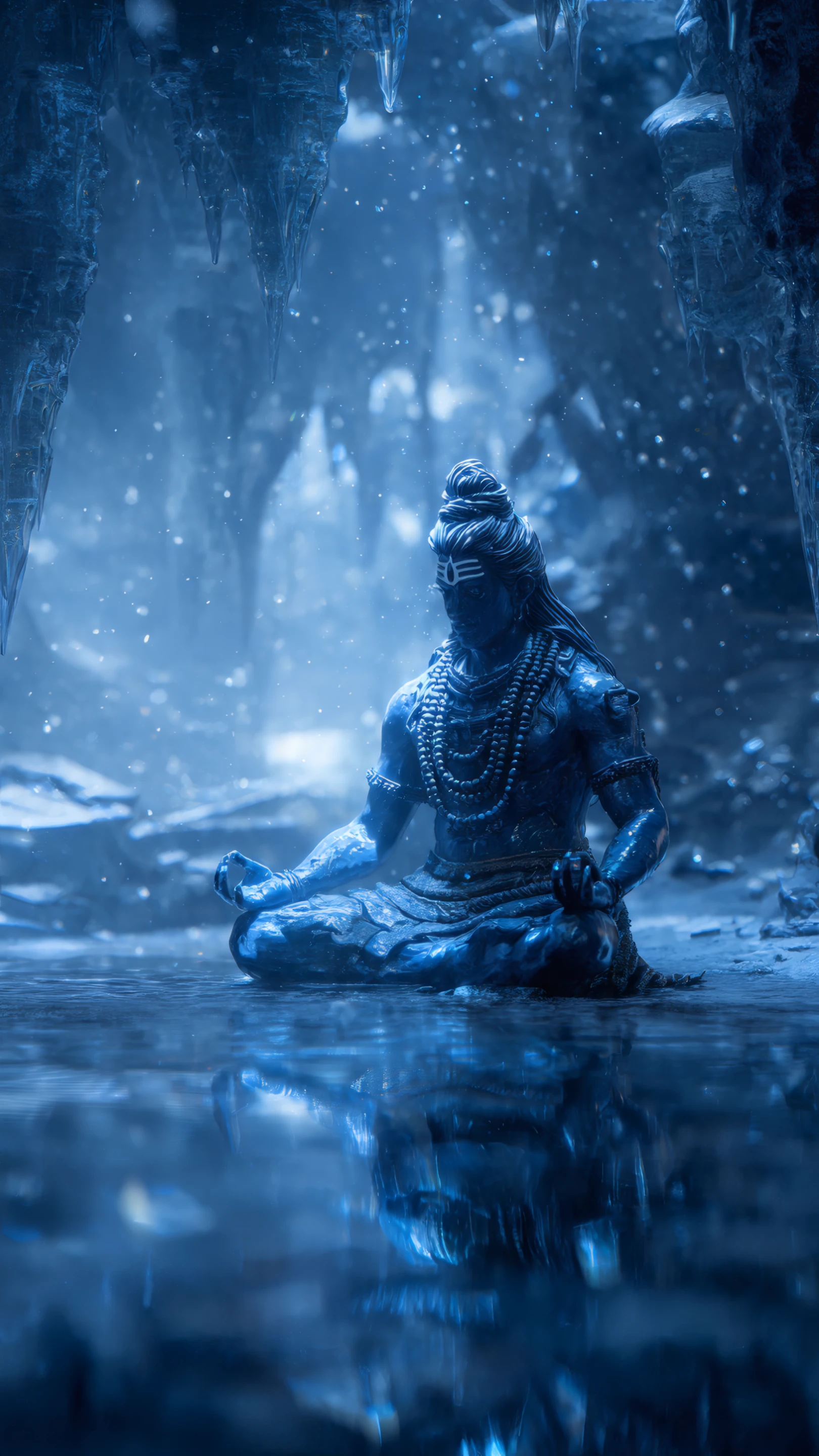 Meditative Lord Shiva Statue in a Snowy Cave