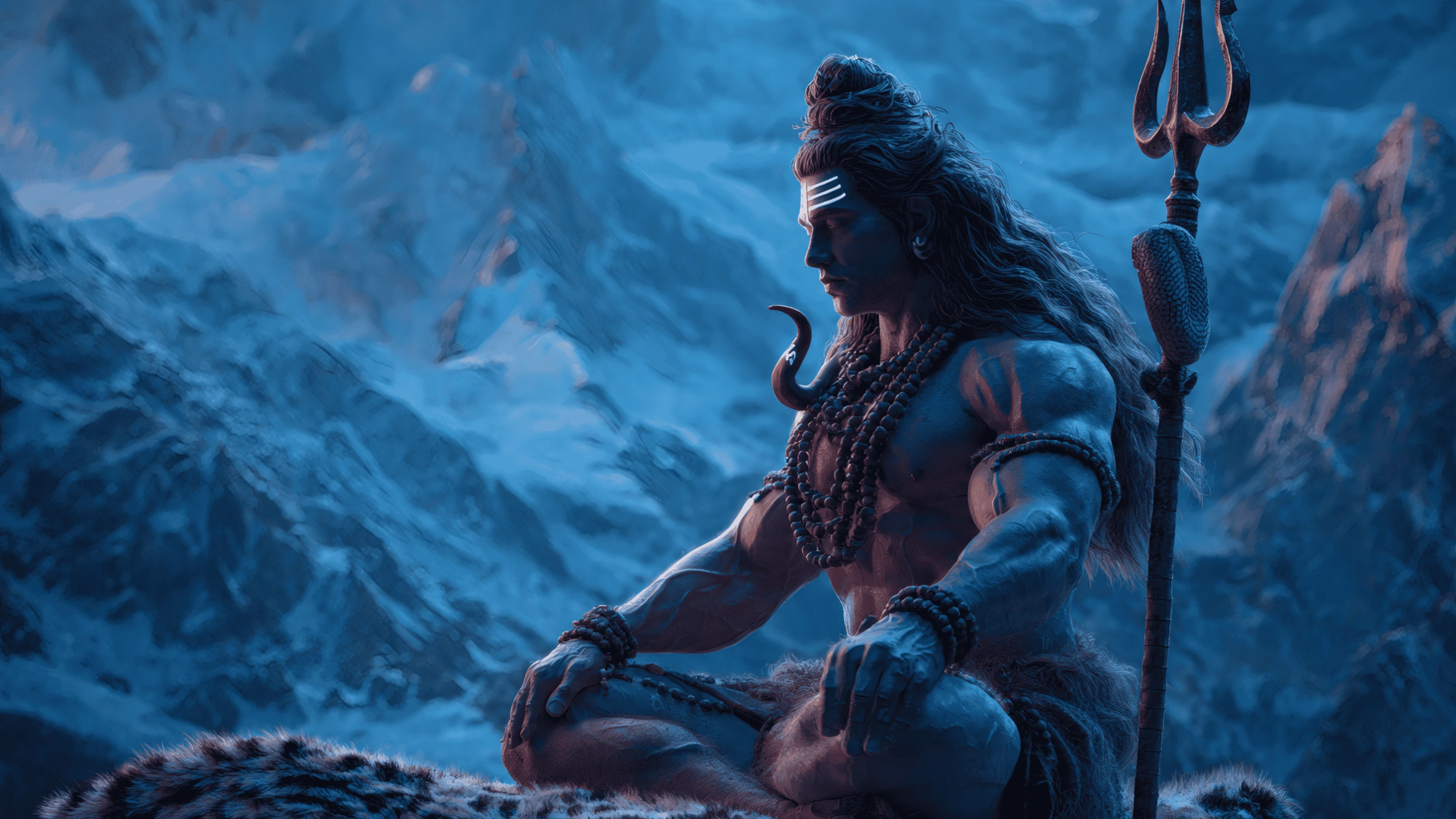 Meditative Lord Shiva with Trident in Snowy Himalayas