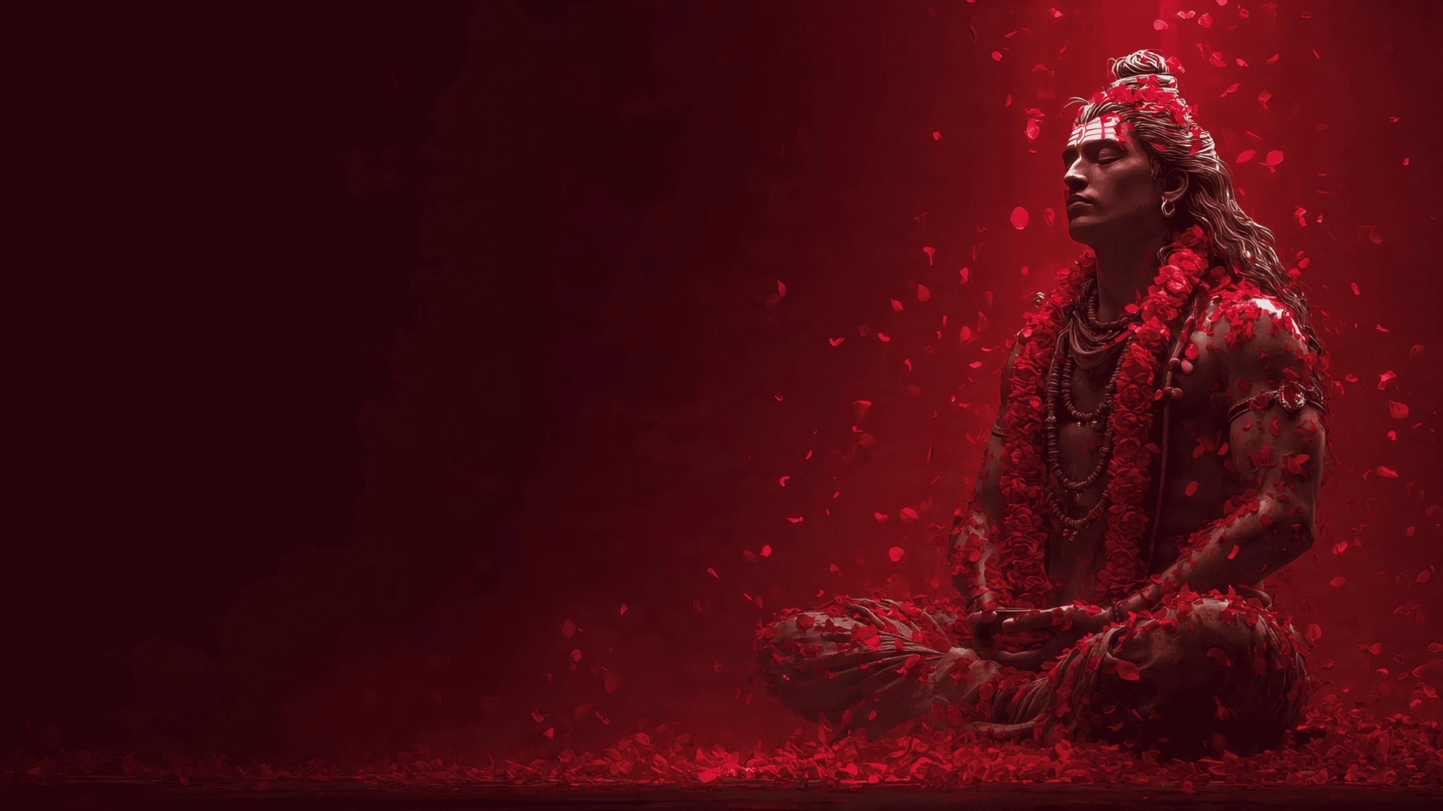 Meditative Man Surrounded by Falling Red Petals