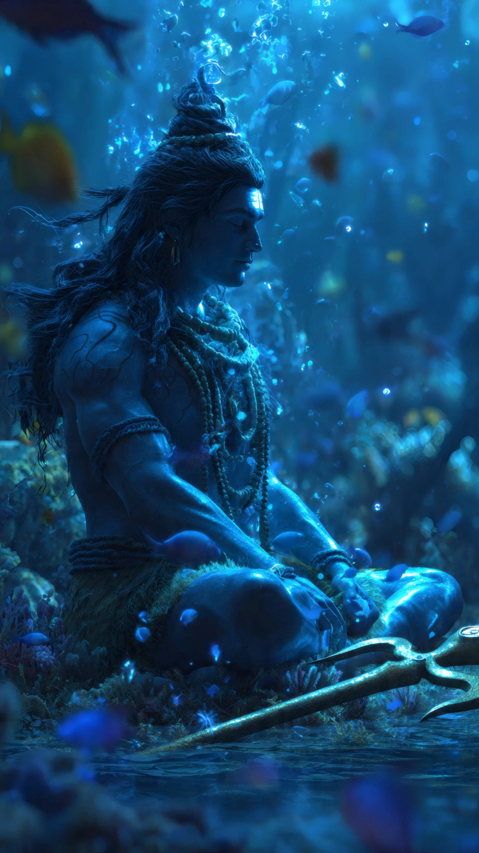 Meditative Shiva Underwater Scene with Blue Lighting