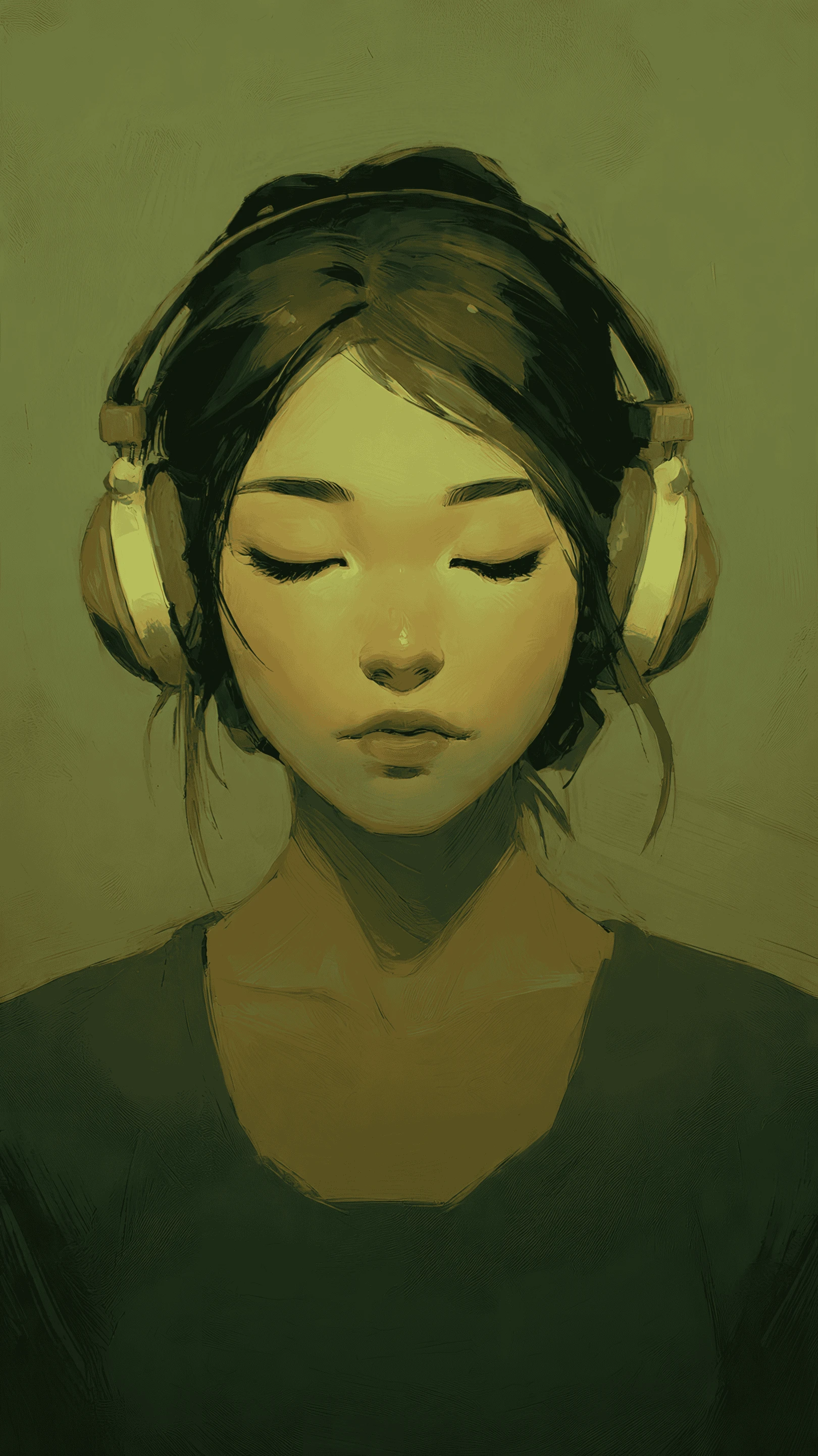Meditative Woman with Headphones in Olive Green Hues