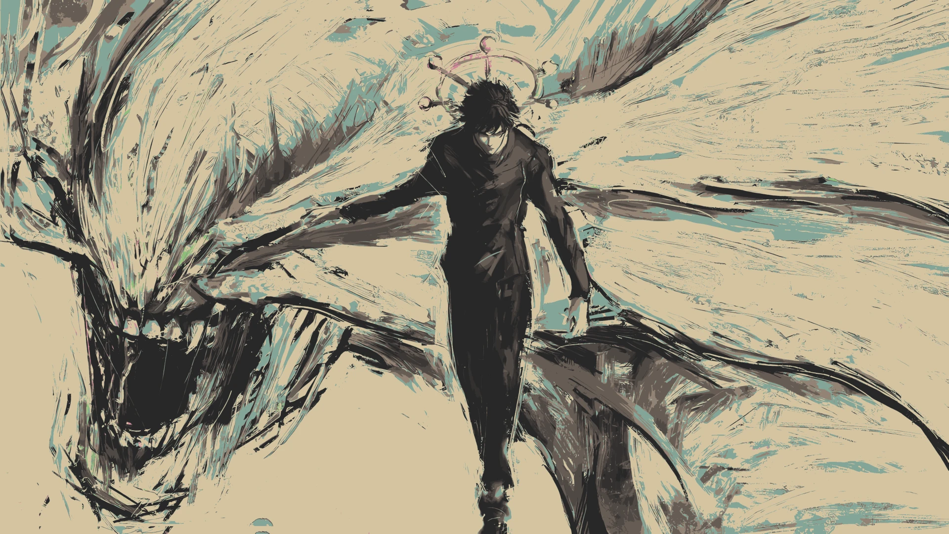 Megumi Fushiguro Summoning Shadow Beast in Ink Style Anime wallpaper 1920x1080