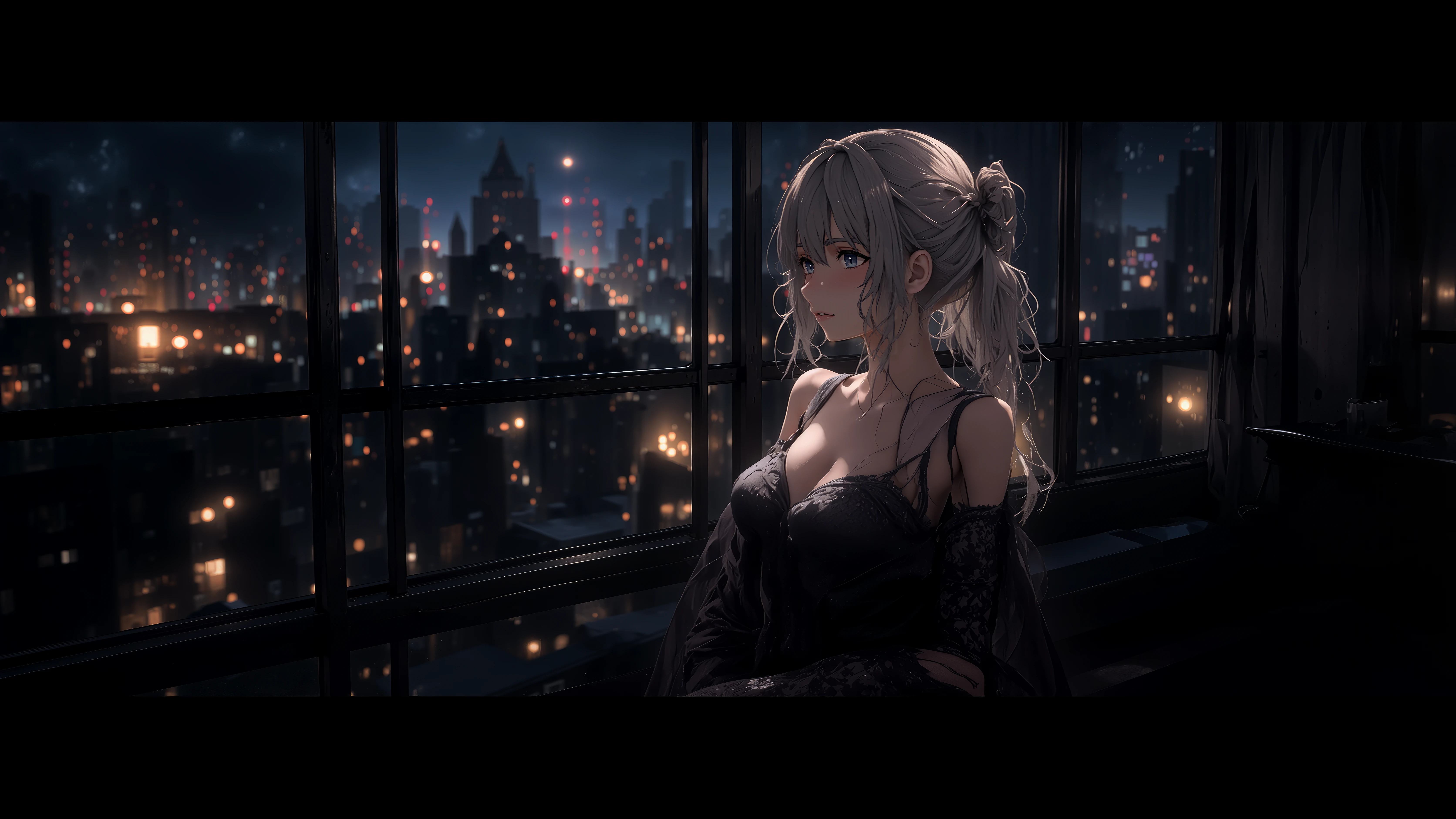 Melancholic Anime Girl Gazing at Night City Skyline wallpaper 6688x3764