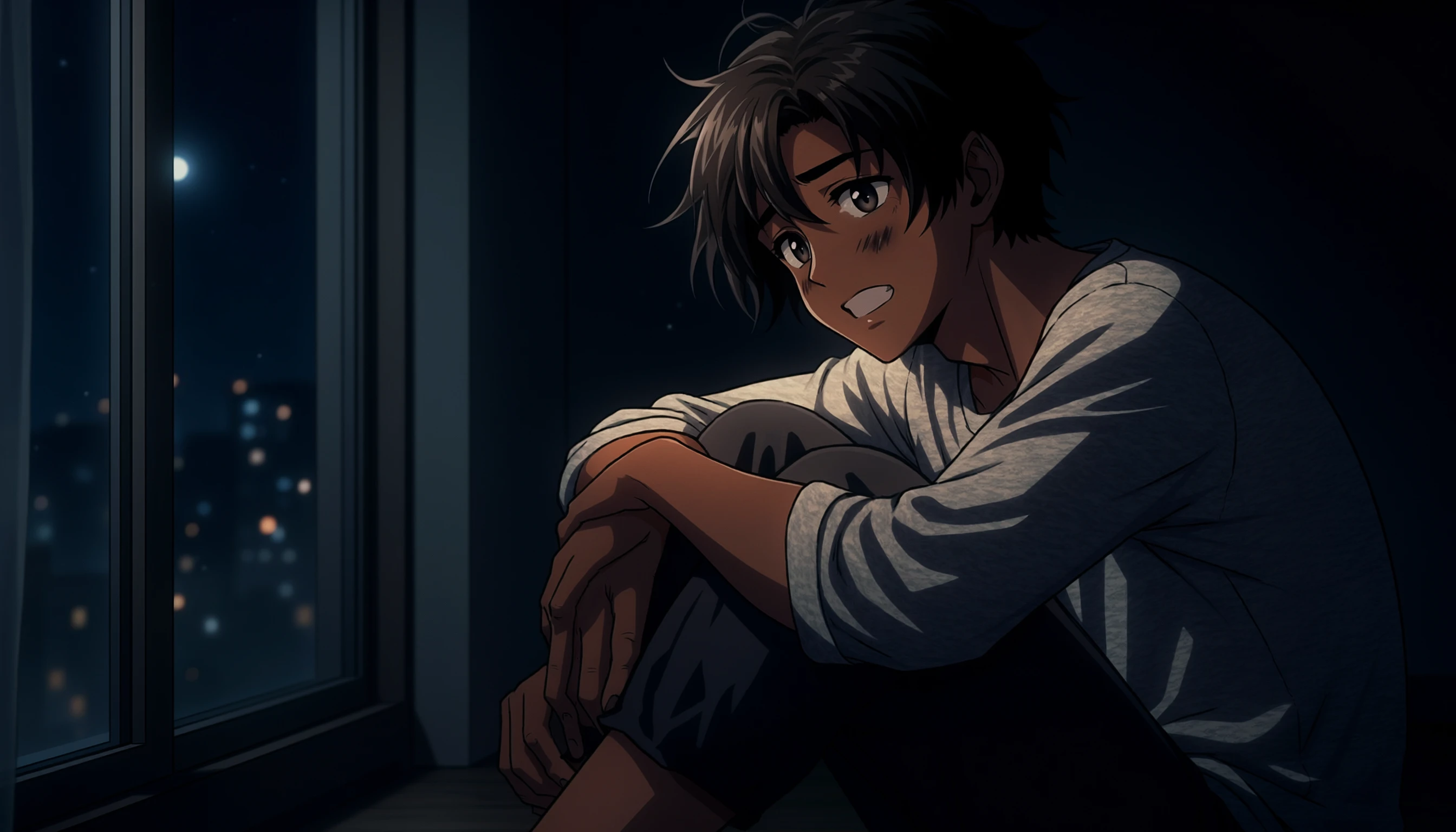 Melancholy Anime Boy Gazing at Moonlit Cityscape