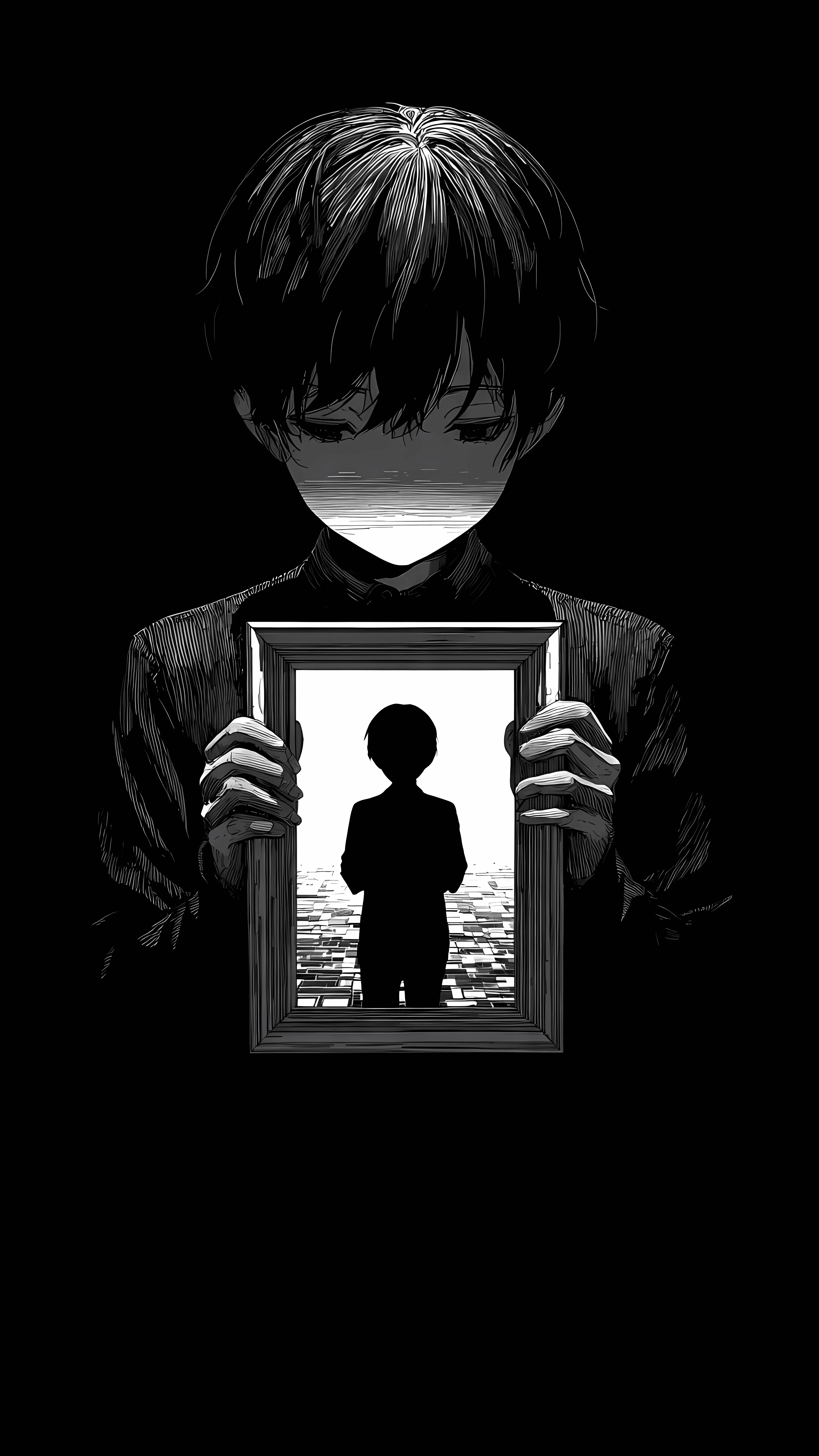 Melancholy Anime Boy Holding Framed Silhouette