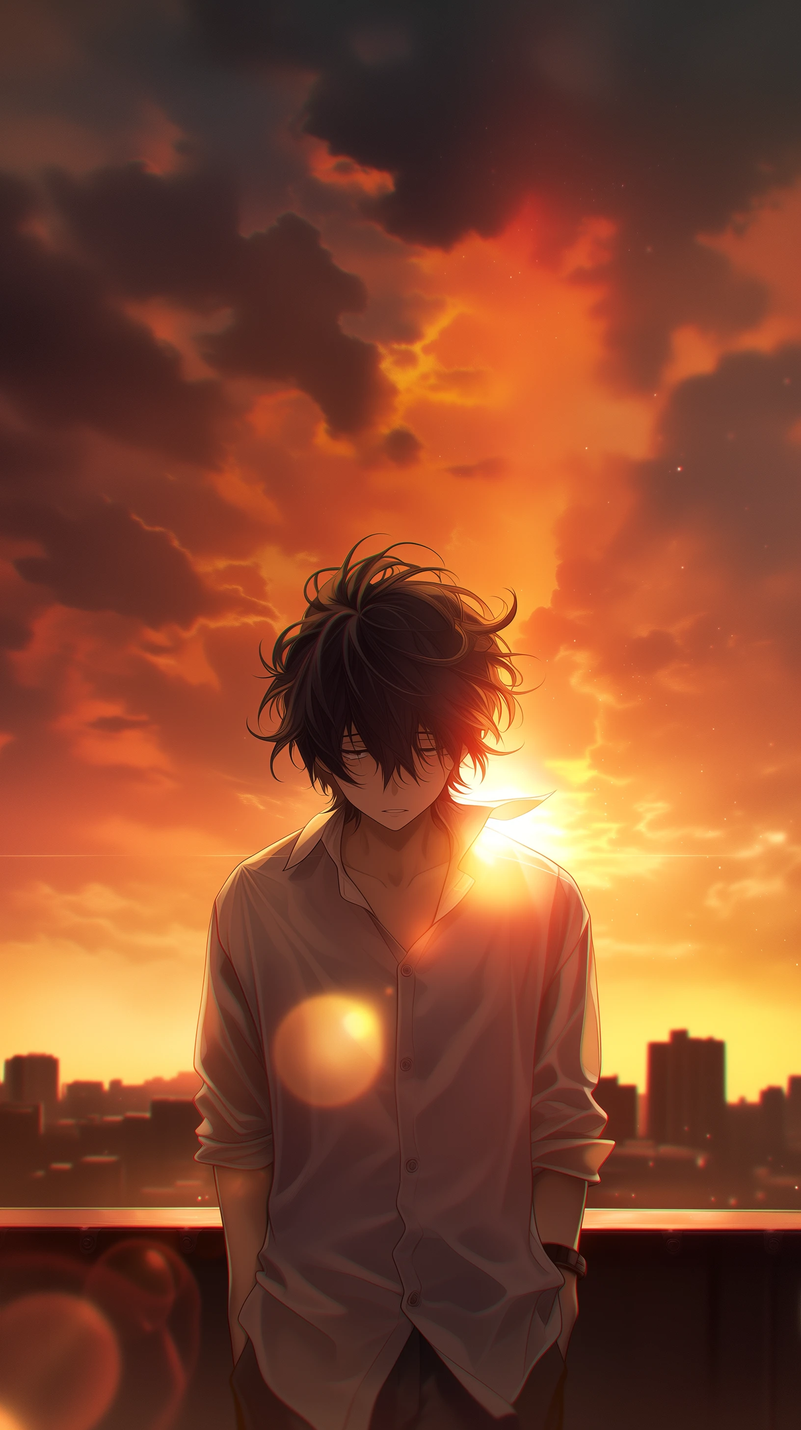 Melancholy Anime Boy Watching Dramatic Sunset over City