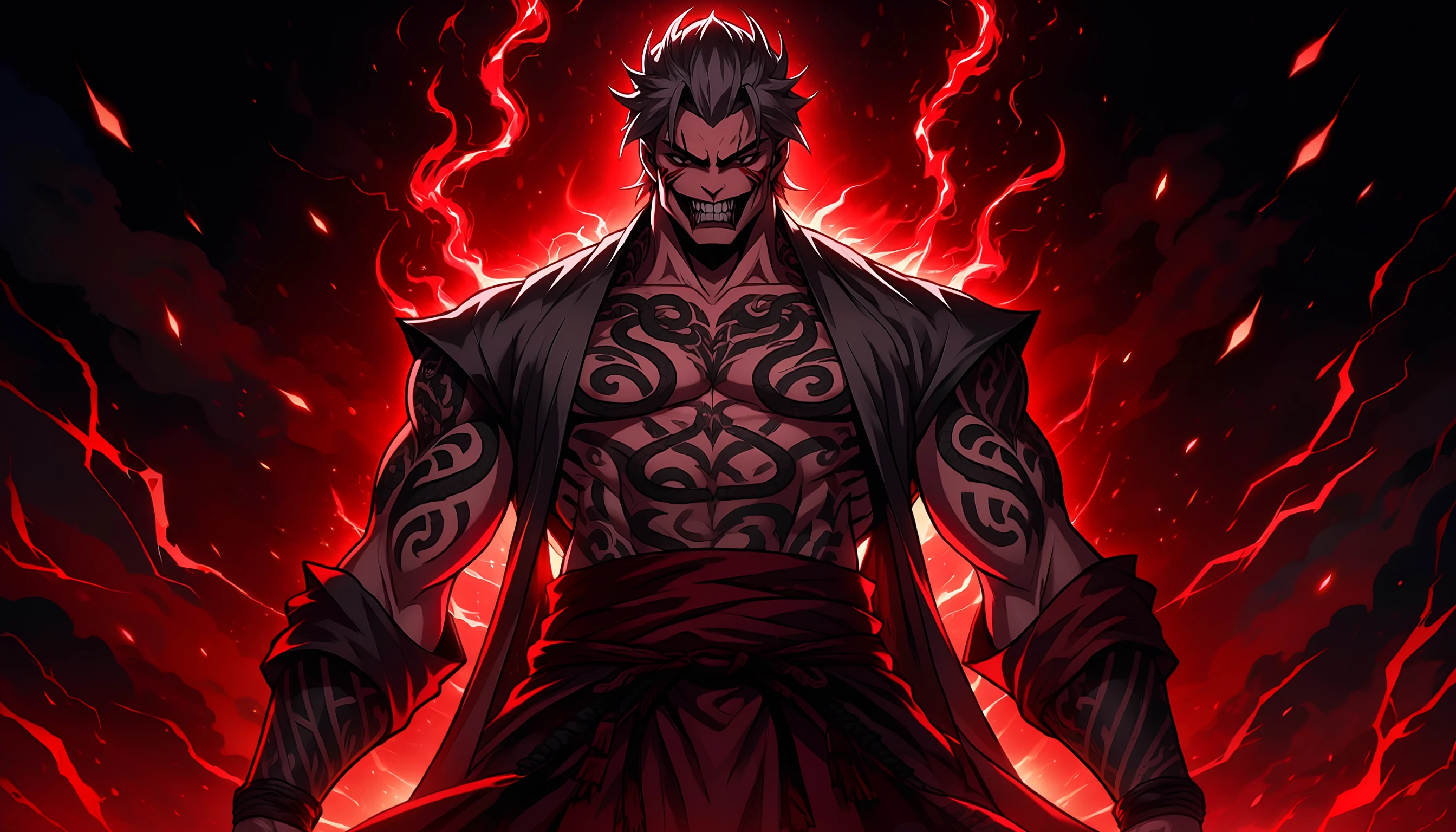 Menacing Anime Villain with Fiery Red Aura wallpaper 2688x1536