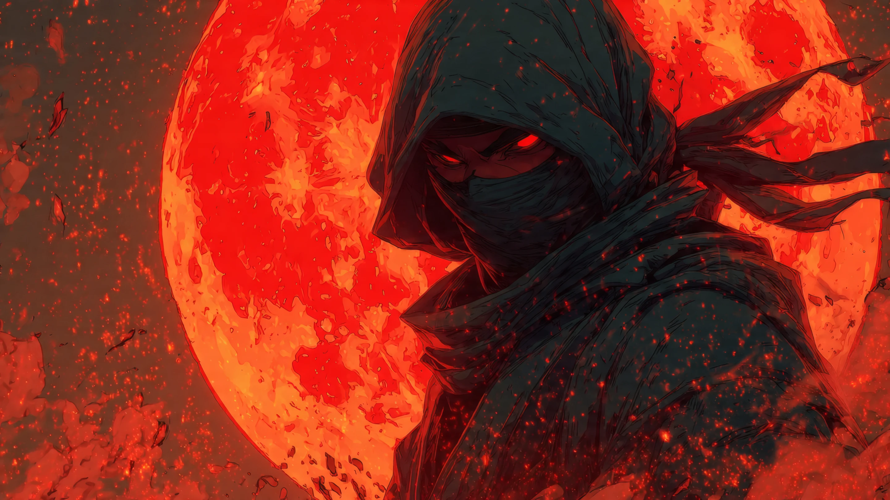 Menacing Ninja with Fiery Red Eyes and Full Moon