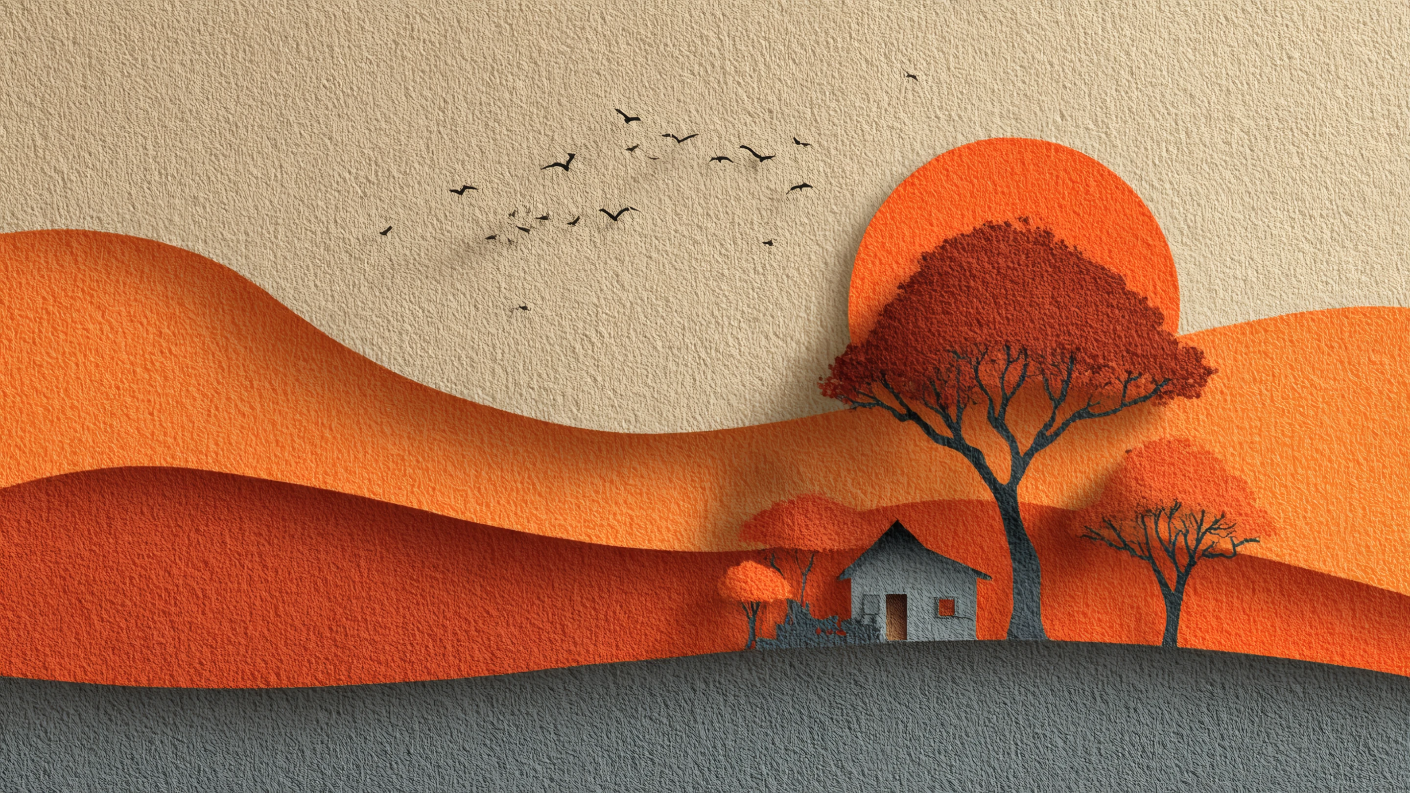 Minimalist Landscape with House and Orange Sunset