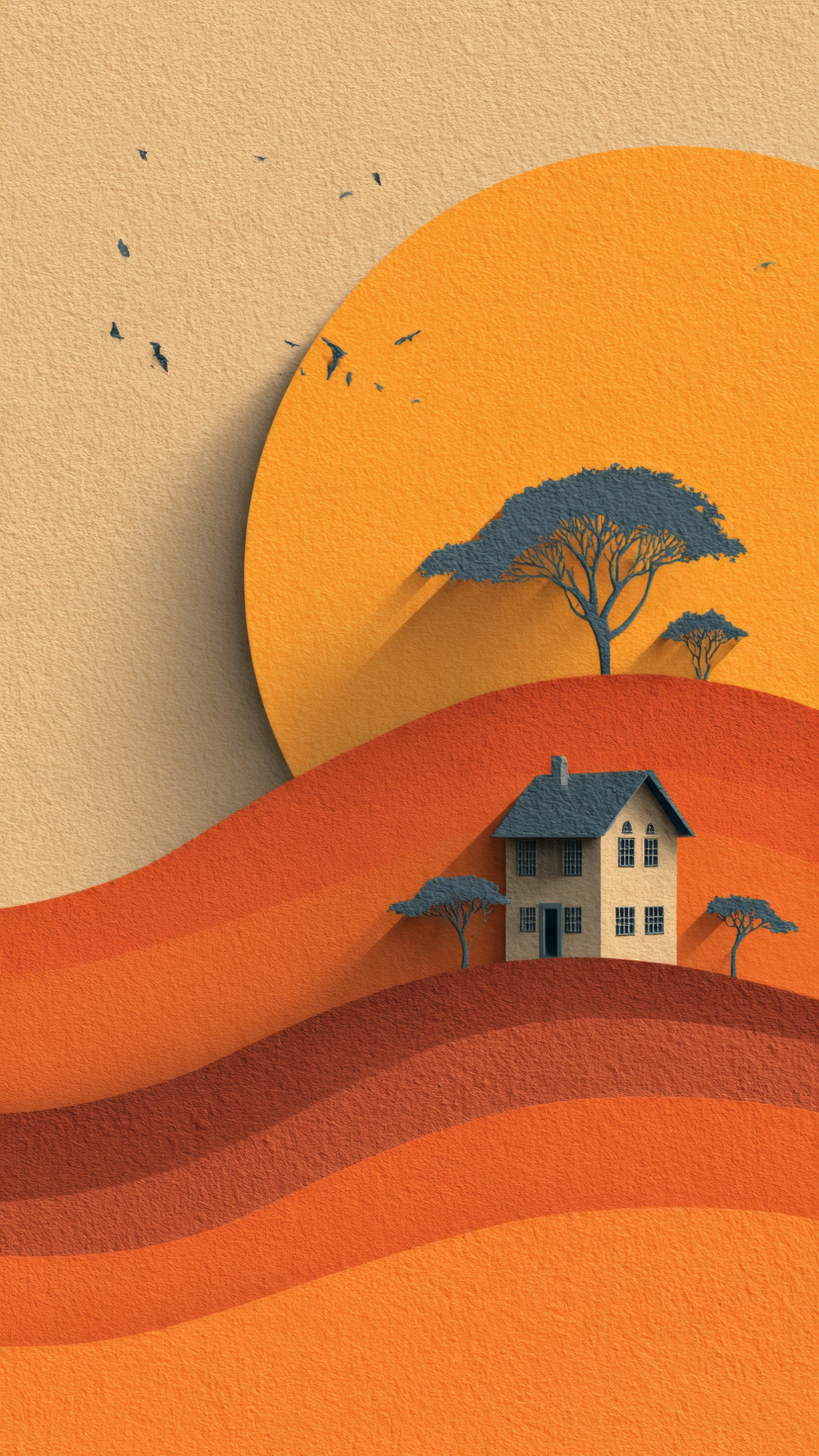 Minimalist Landscape with House and Sunset Illustration