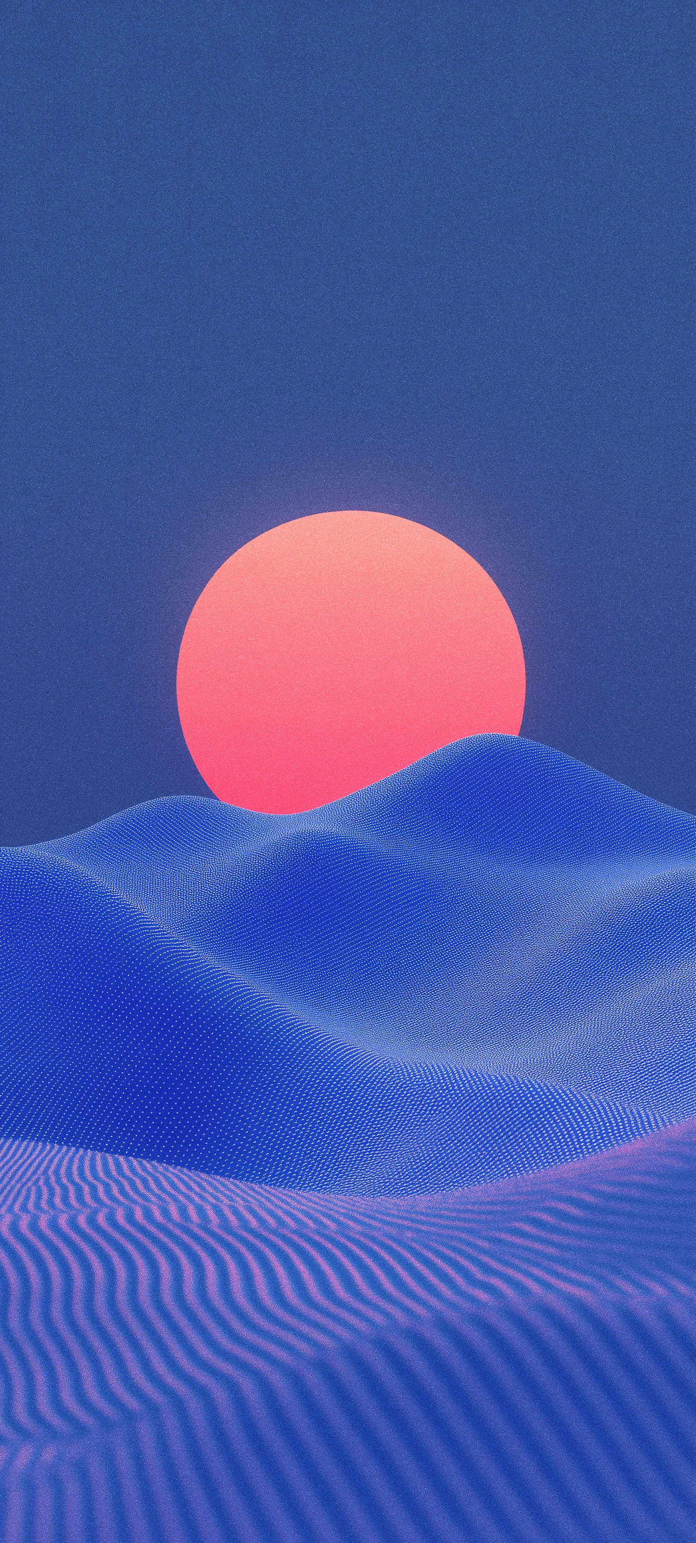 Minimalist Sunset over Blue Textured Hills Abstract Art