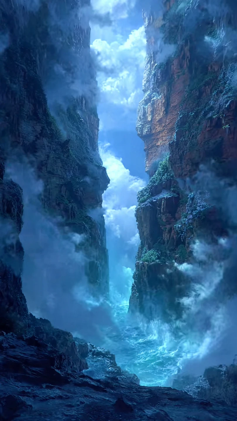 Misty Canyon River Between Rocky Cliffs