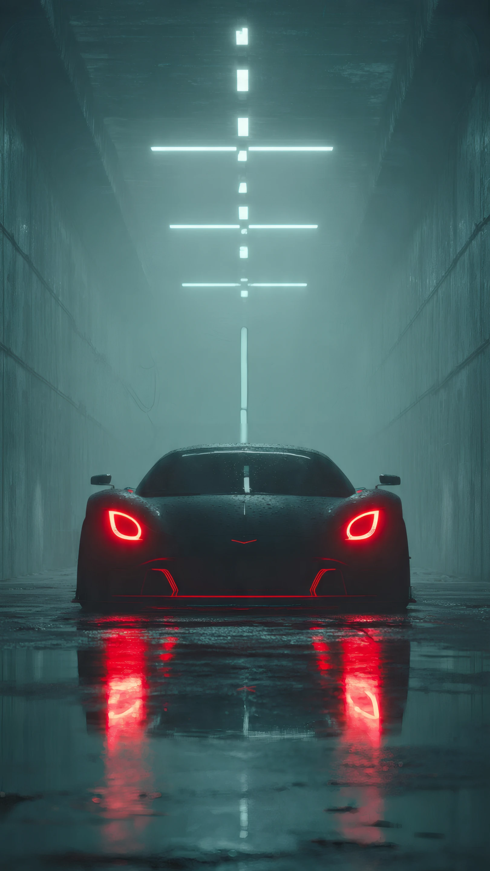 Modern Car with Red Lights in Wet Tunnel