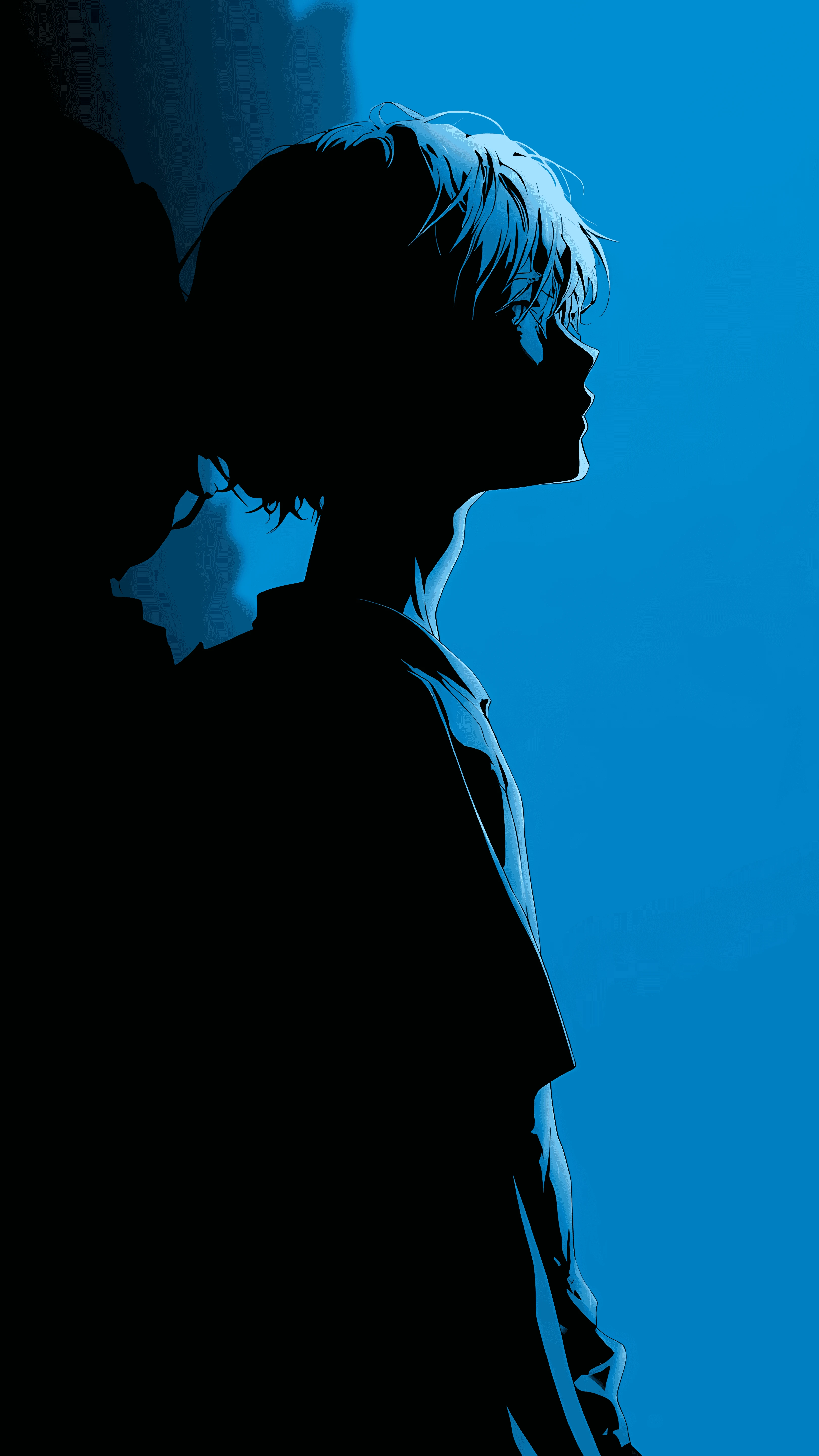 Monochromatic Anime Boy Silhouette Against Azure Sky
