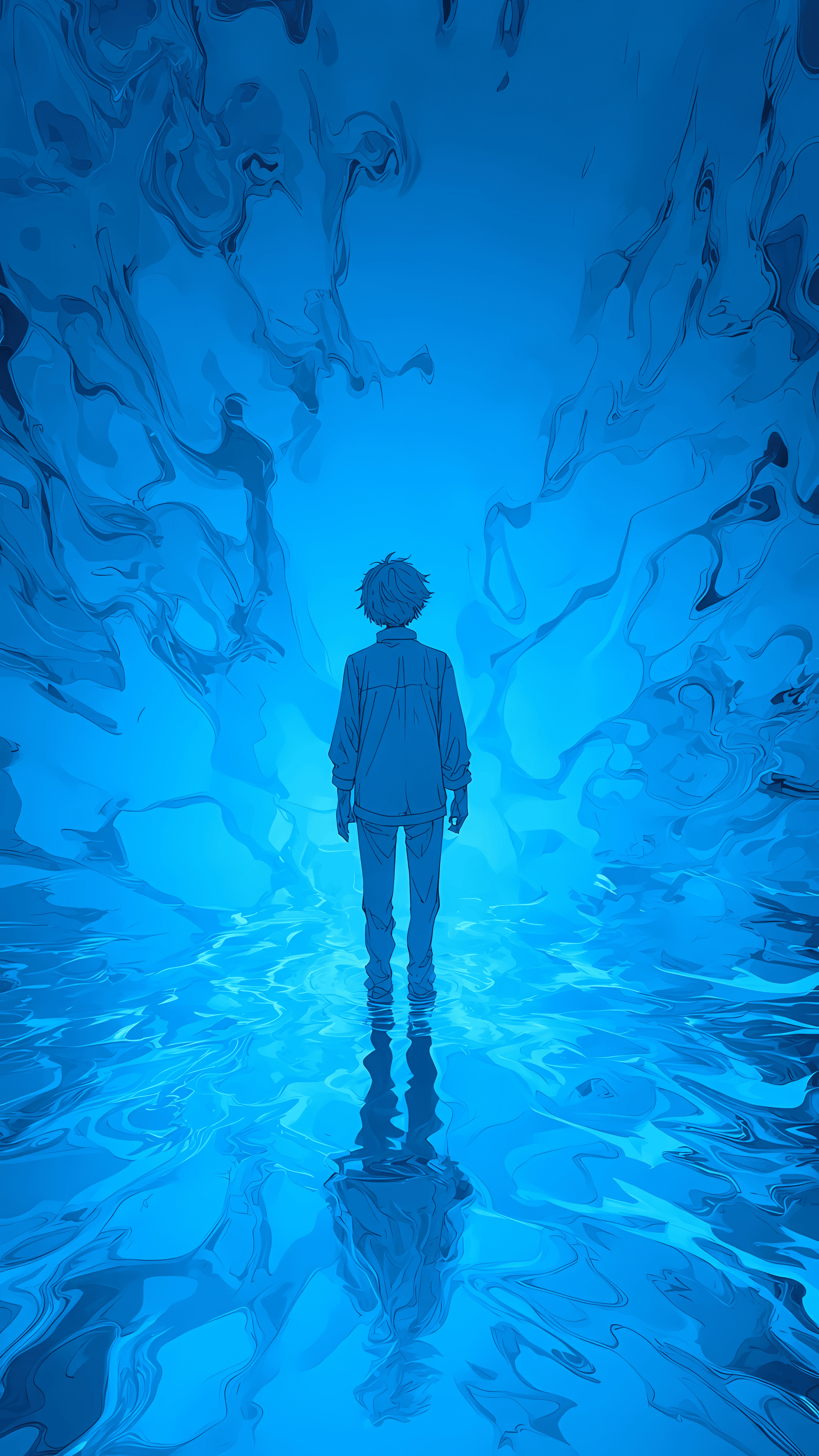 Monochromatic Blue Anime Boy in Reflective Water