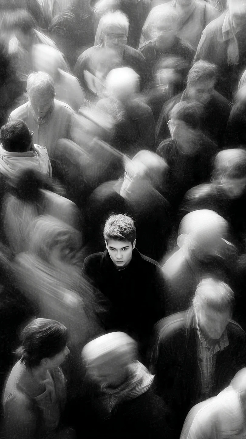 Monochromatic Photo of a Man Surrounded by Blurred Figures