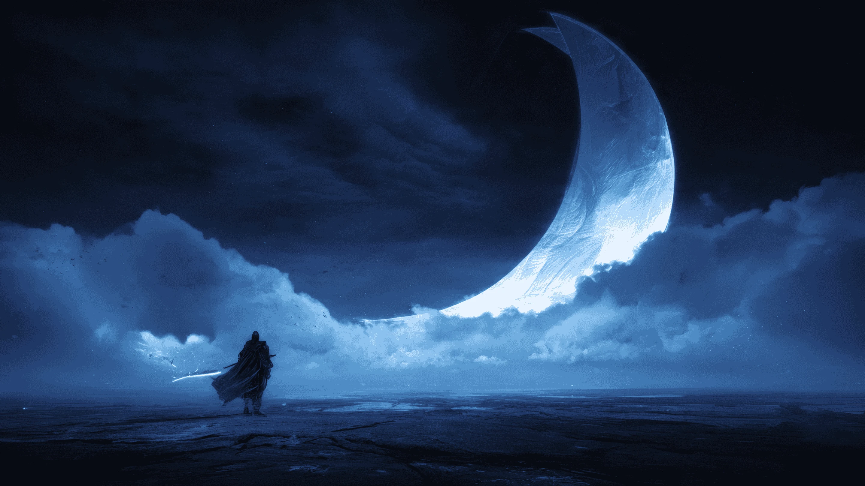 Monochromatic Warrior Silhouette with Crescent Moon