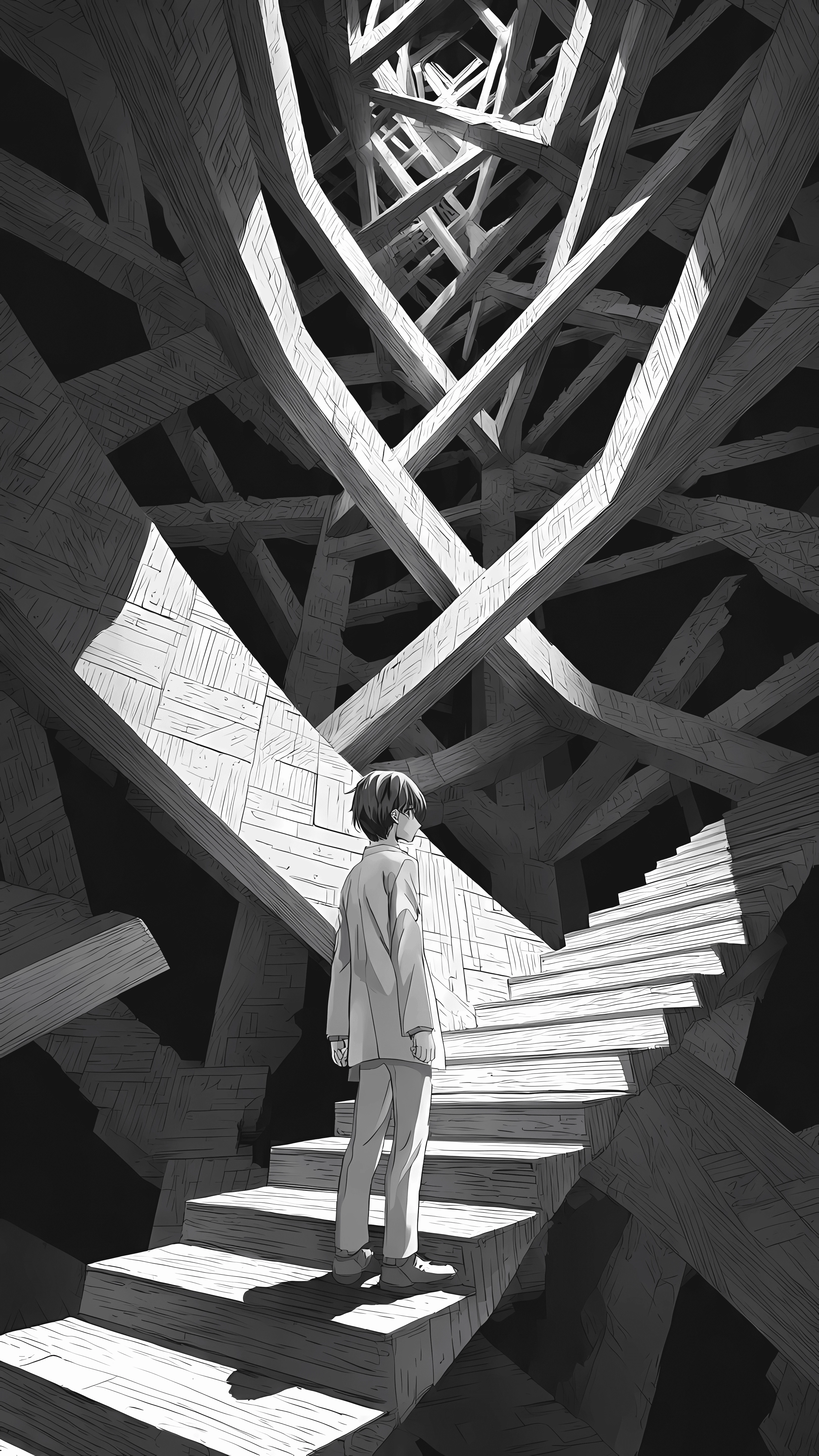 Monochrome Anime Boy Ascending Tangled Wooden Stairs