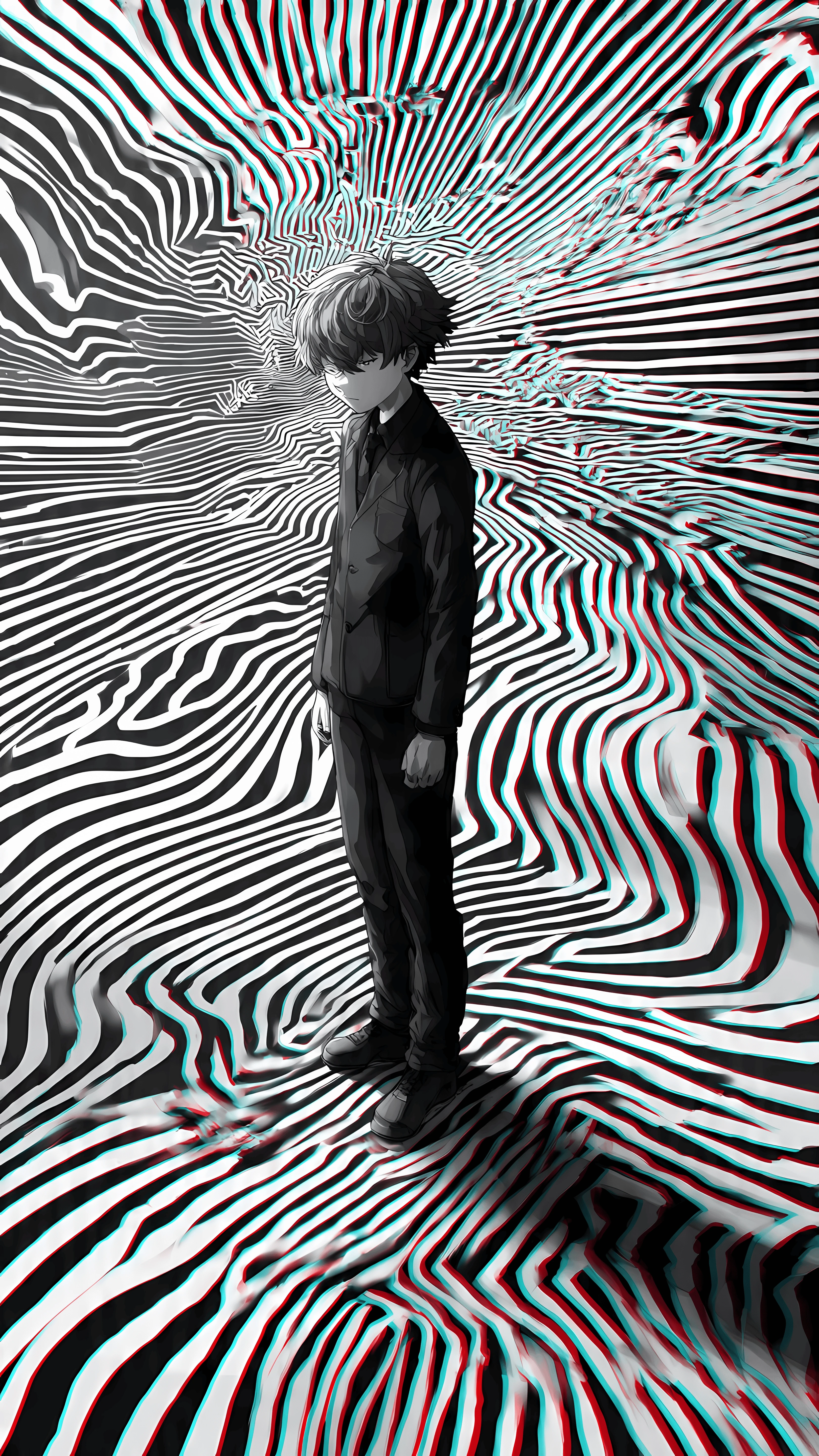 Monochrome Anime Boy in Glitching Reality