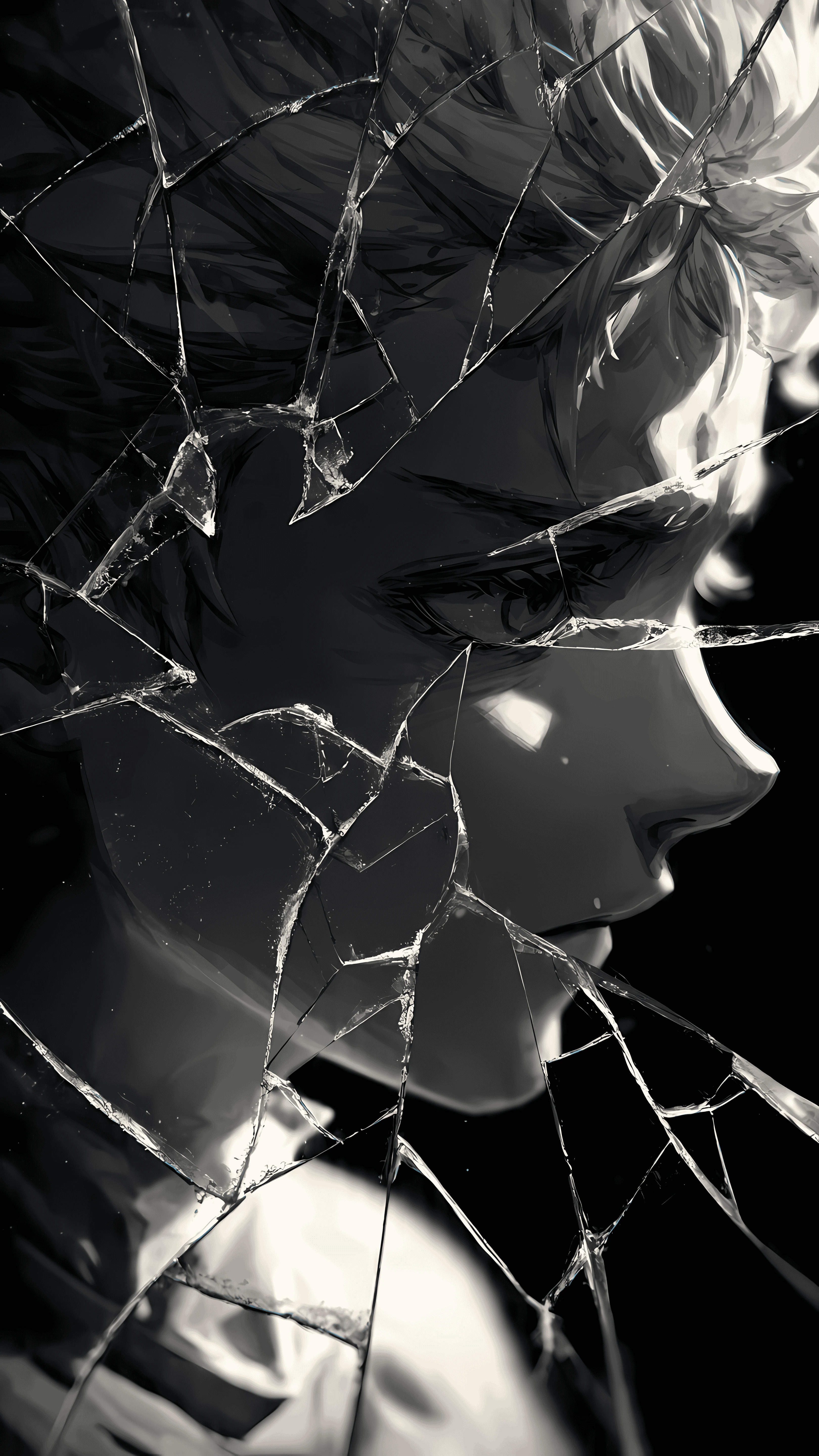 Monochrome Anime Boy Portrait Behind Shattered Glass