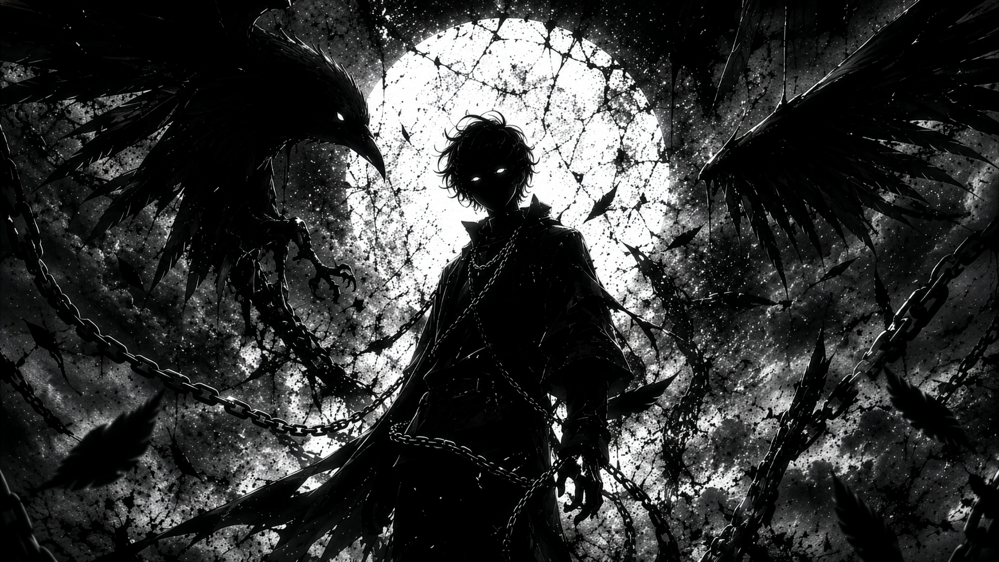 Monochrome Anime Figure with Raven Guardians Under Moon Dark wallpaper 3344x1881