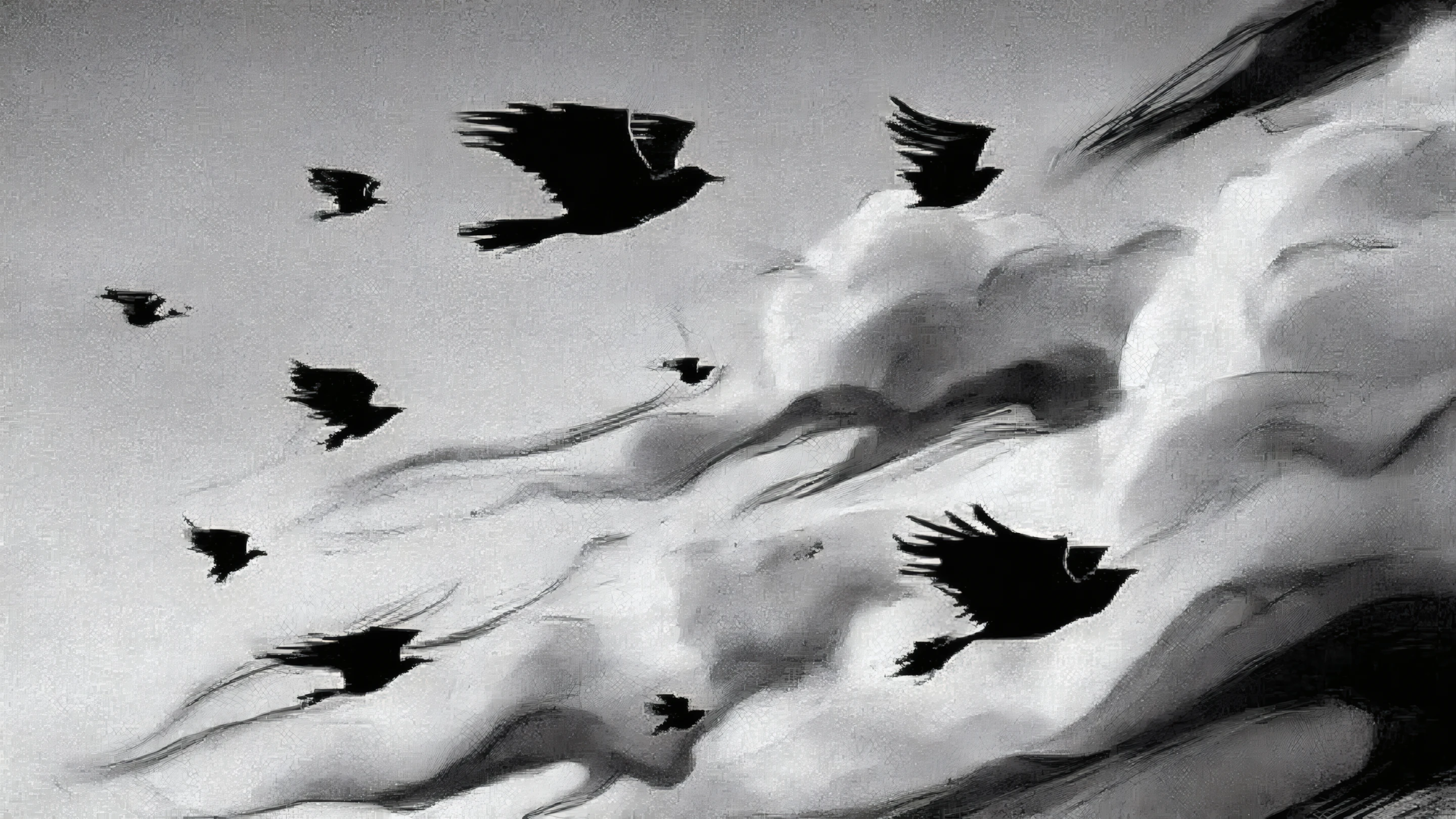 Monochrome Birds Soaring Through Cloudy Sky Art