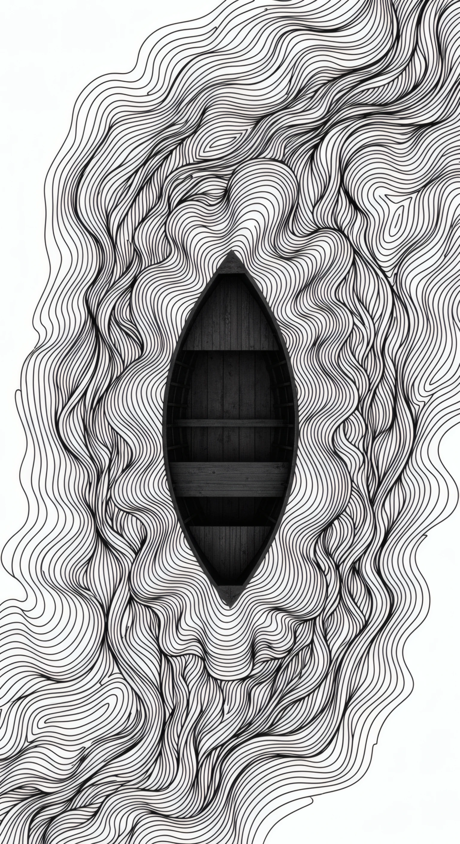 Monochrome Boat Amidst Swirling Line Art