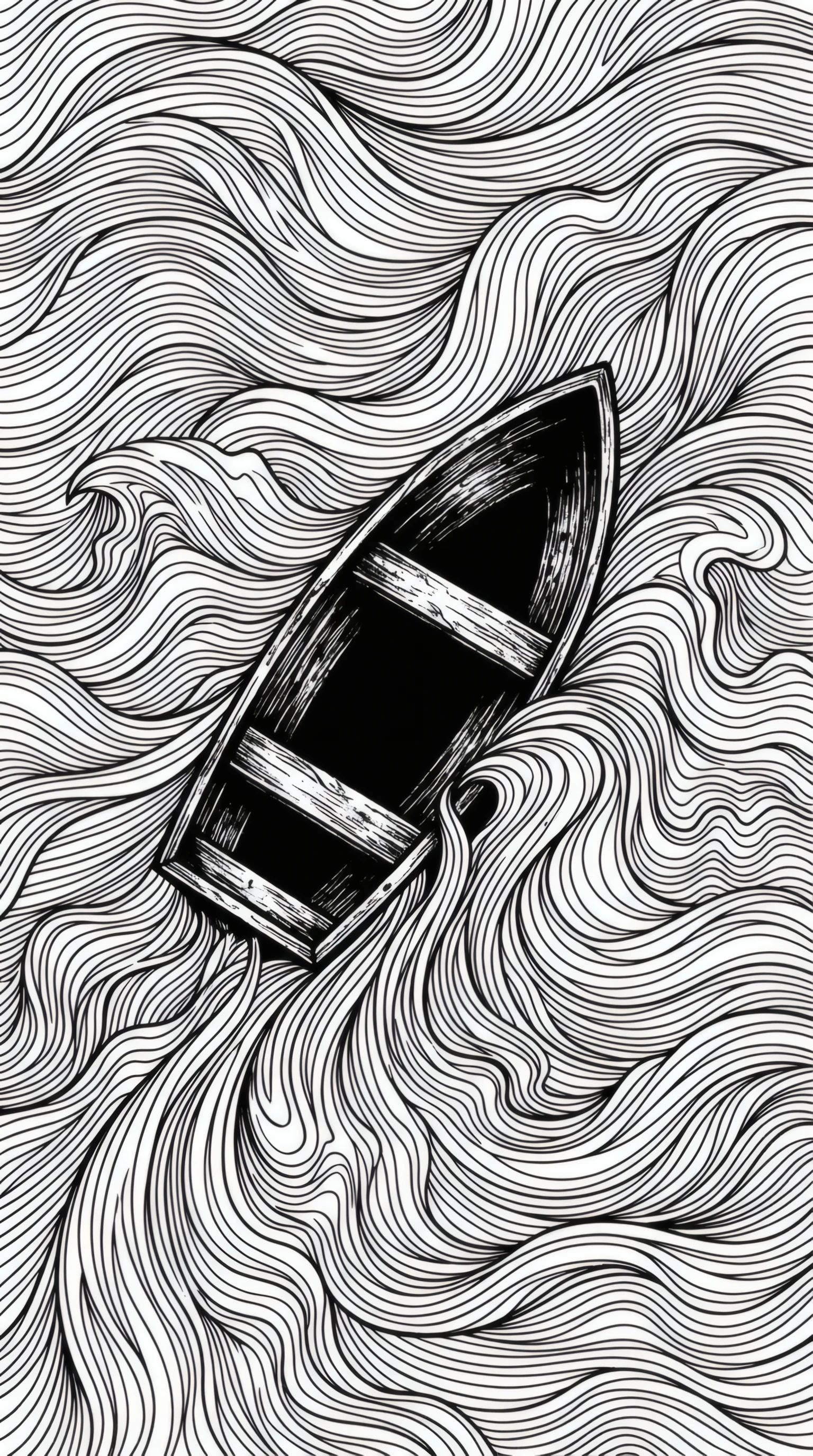 Monochrome Boat Amidst Swirling Line Art Waves