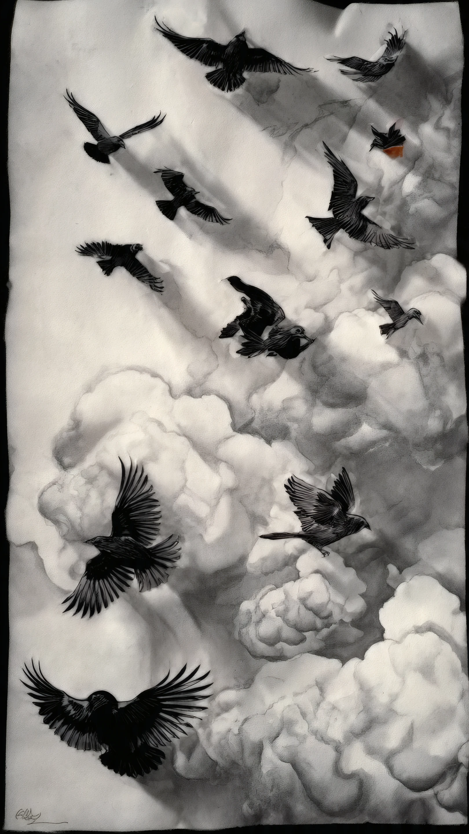 Monochrome Drawing of Birds Flying Through Clouds