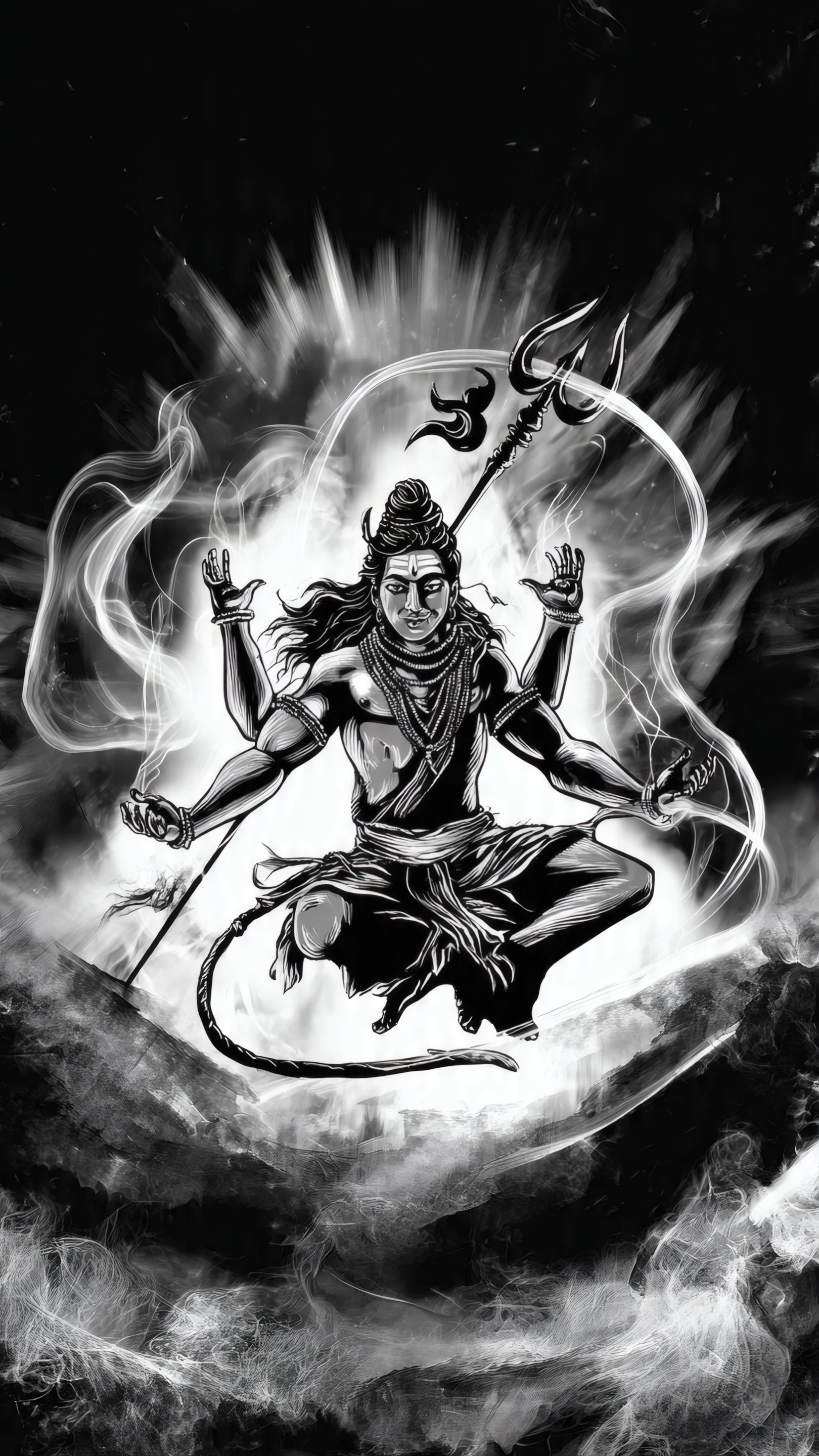 Monochrome Illustration of Shiva with Trident and Smoke