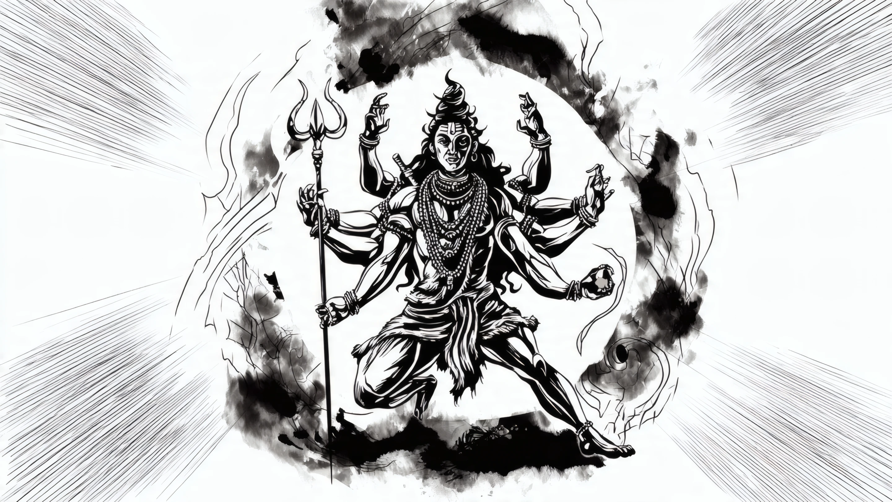 Monochrome Ink Drawing of Shiva with Trident and Arms