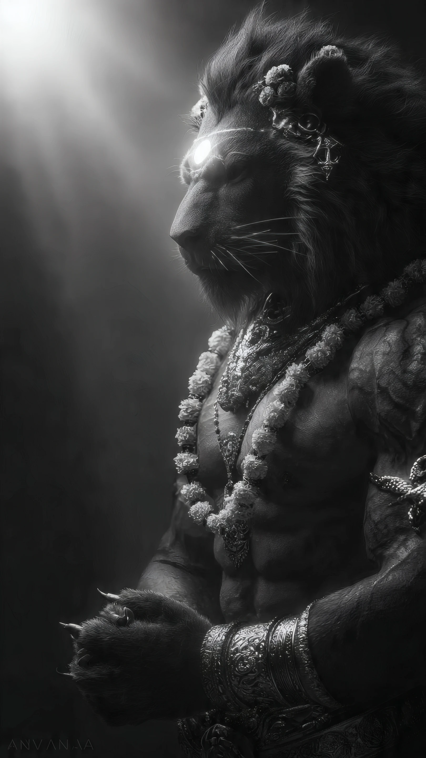 Monochrome Lion Deity with Glowing Eye and Jewelry