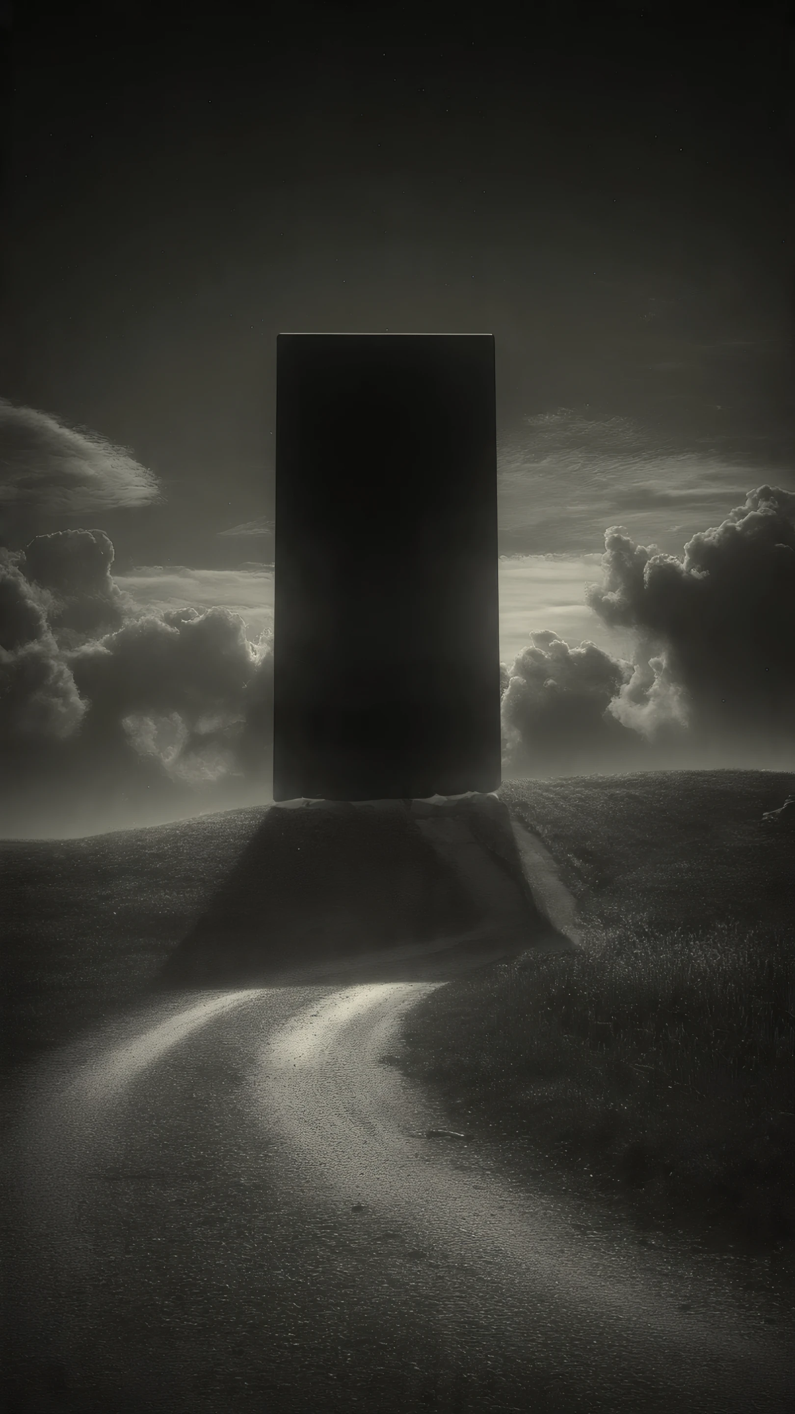 Monochrome Monolith on Grassy Hill with Winding Path