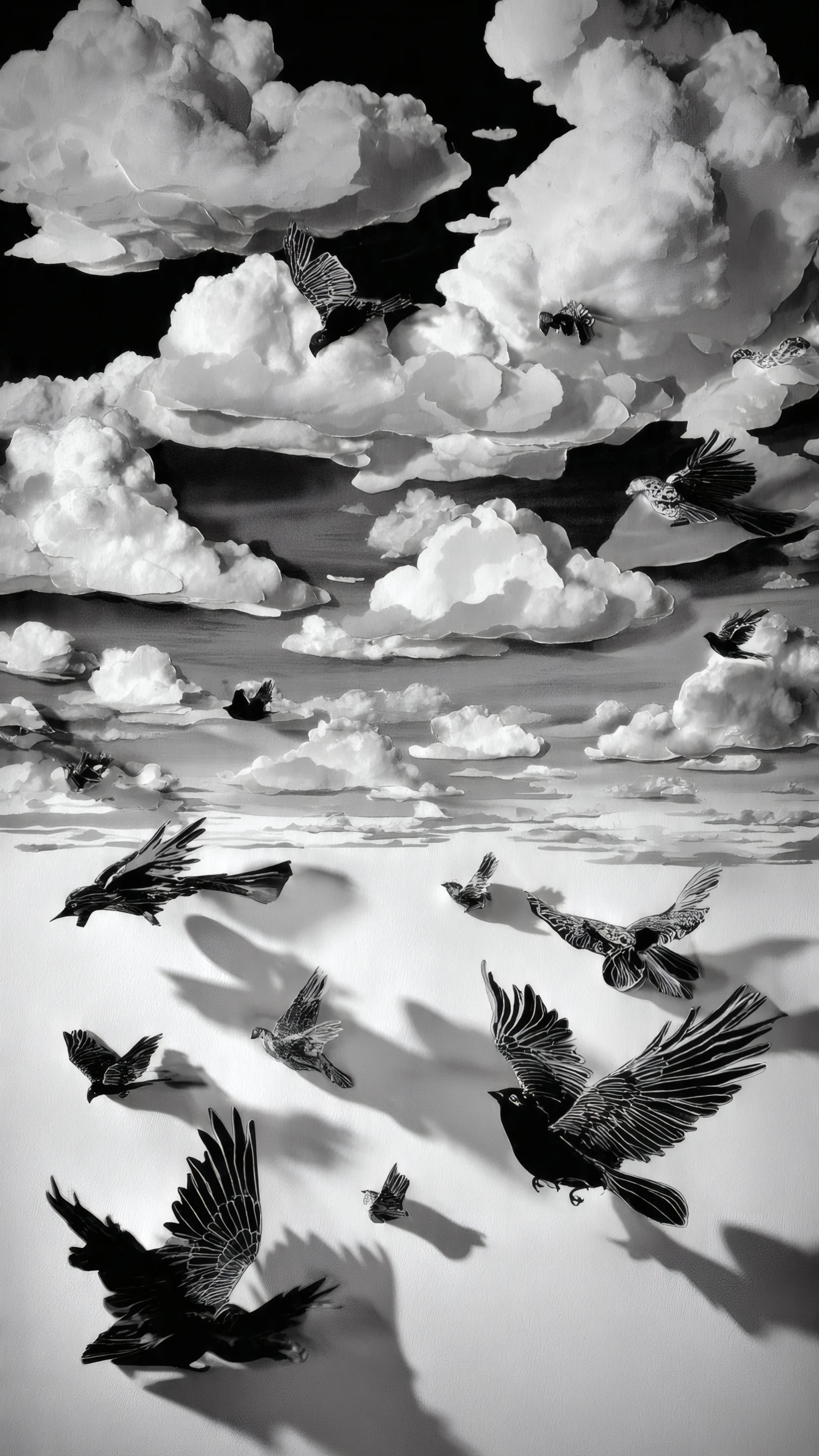 Monochrome Paper Birds Soaring Through Cloudy Sky