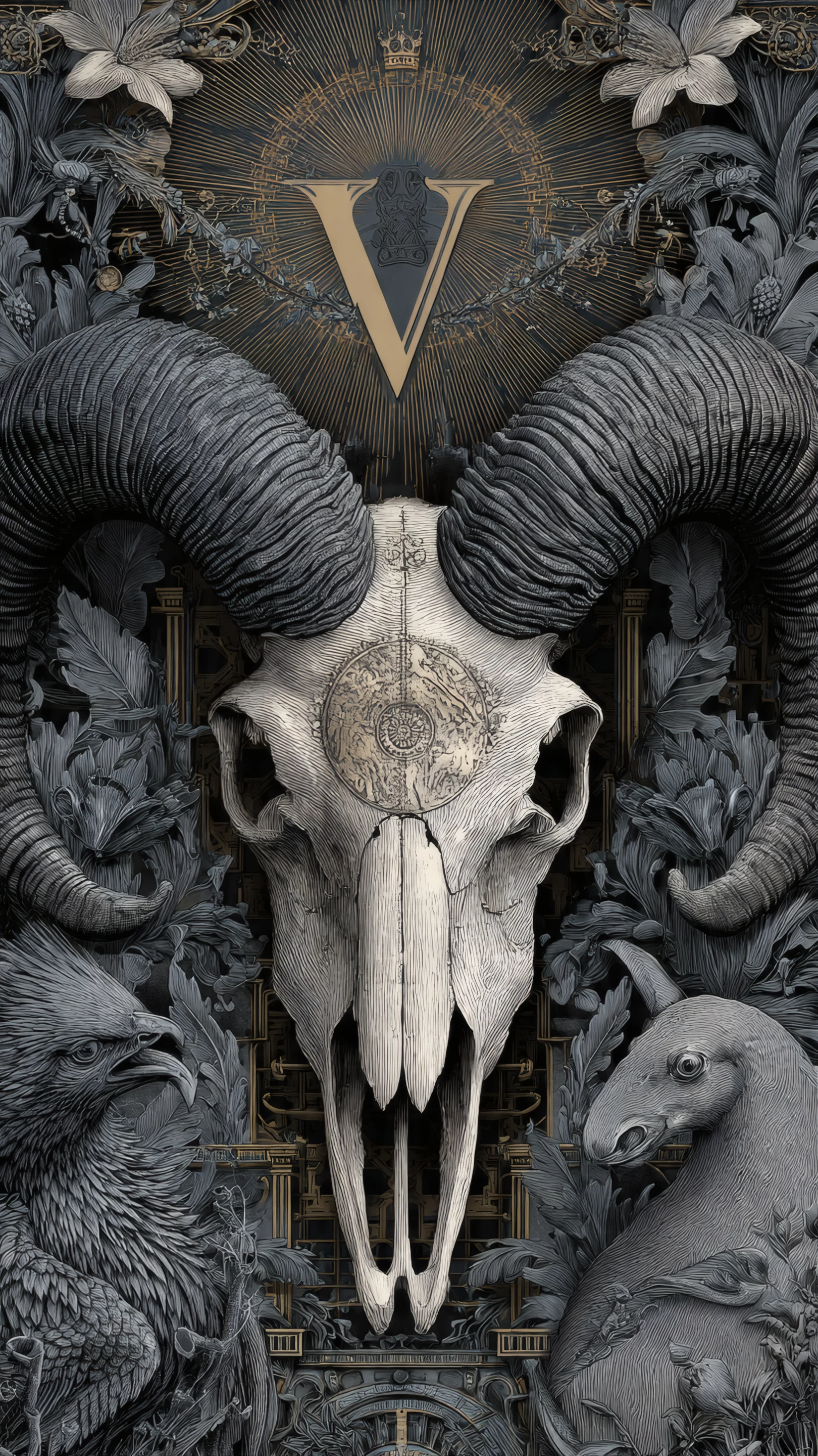 Monochrome Ram Skull with Eagle and Horse