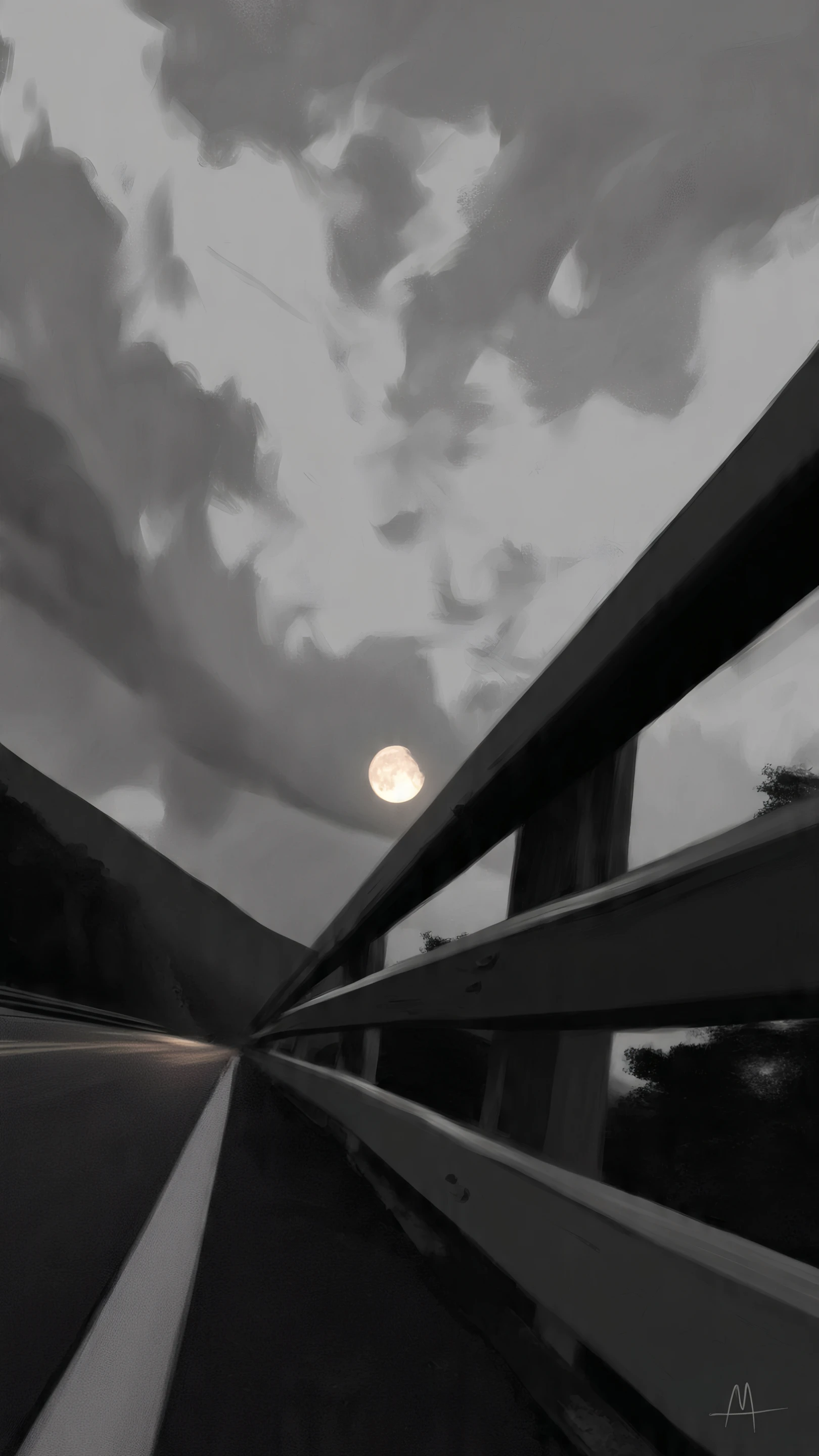 Monochrome Road Landscape with Full Moon and Clouds