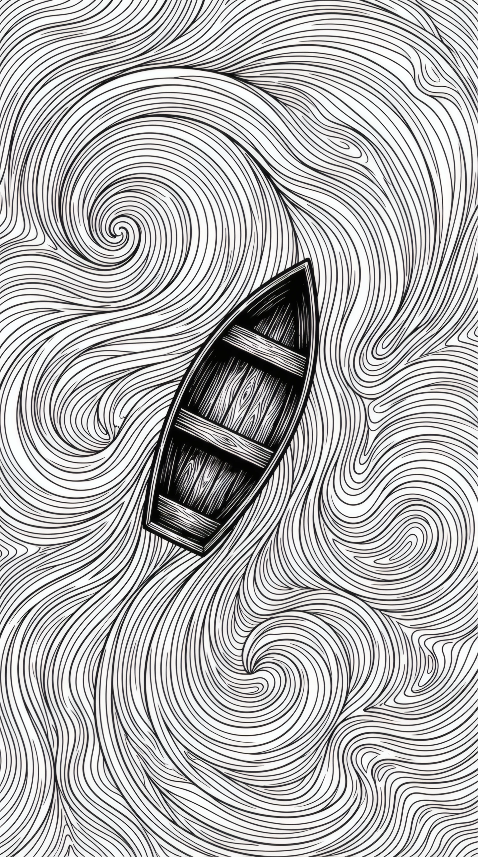 Monochrome Rowboat Amidst Swirling Line Art
