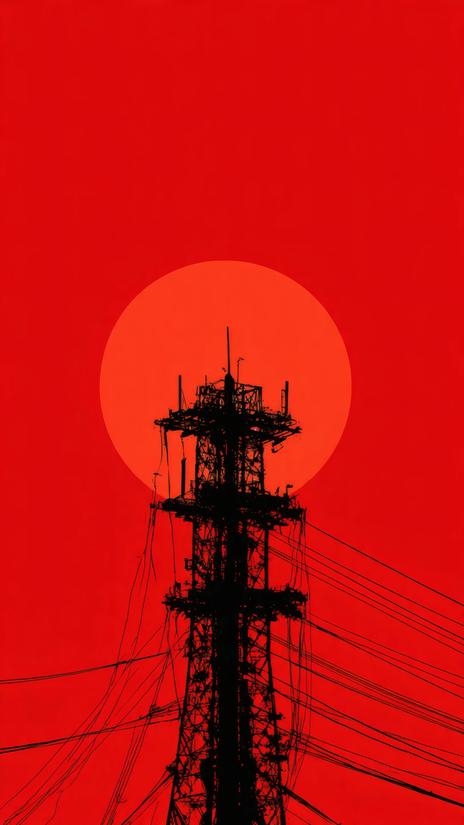Monochrome Silhouette of Power Tower Against Red Sky