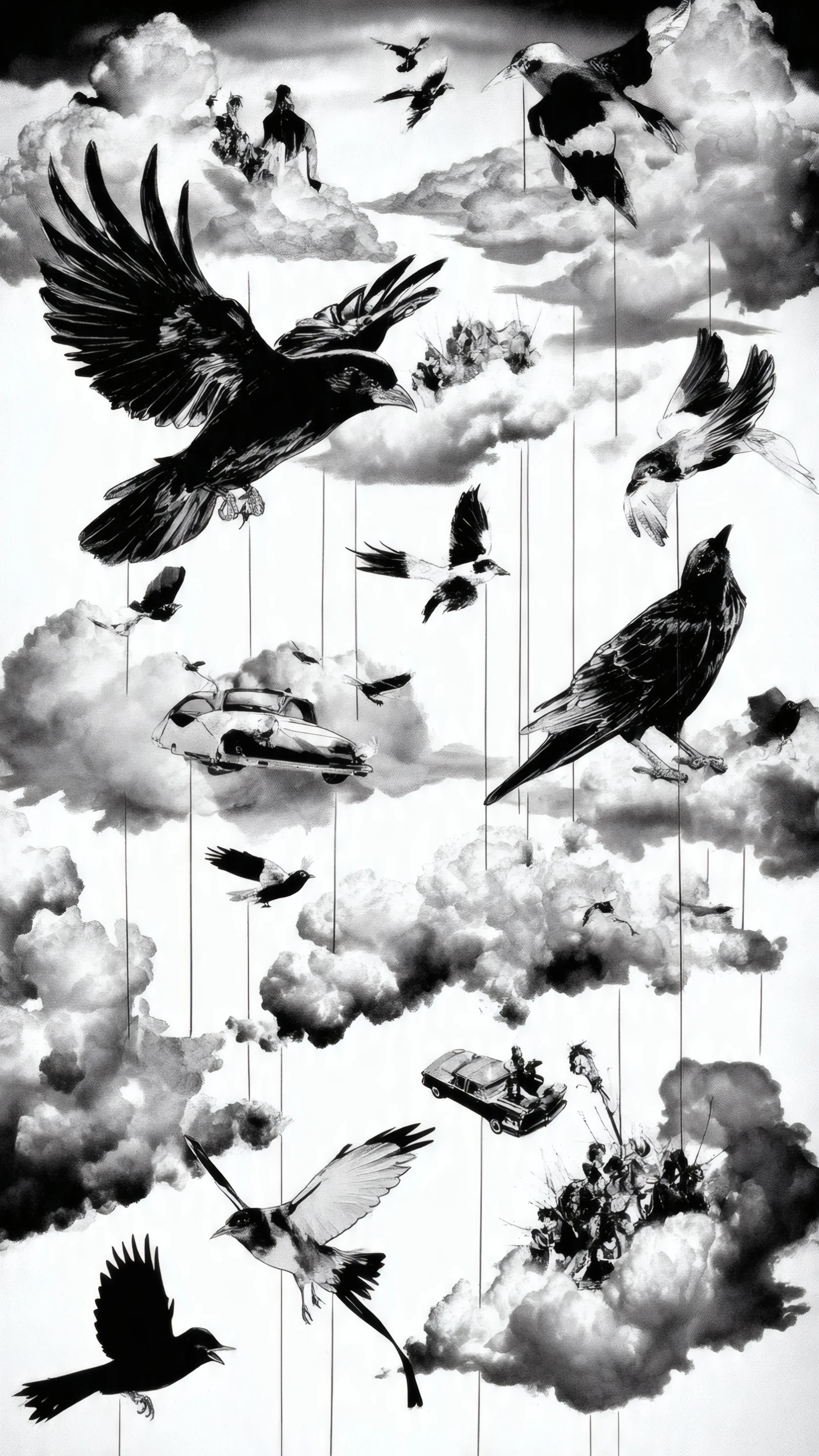 Monochrome Surrealism with Birds Clouds and Cars