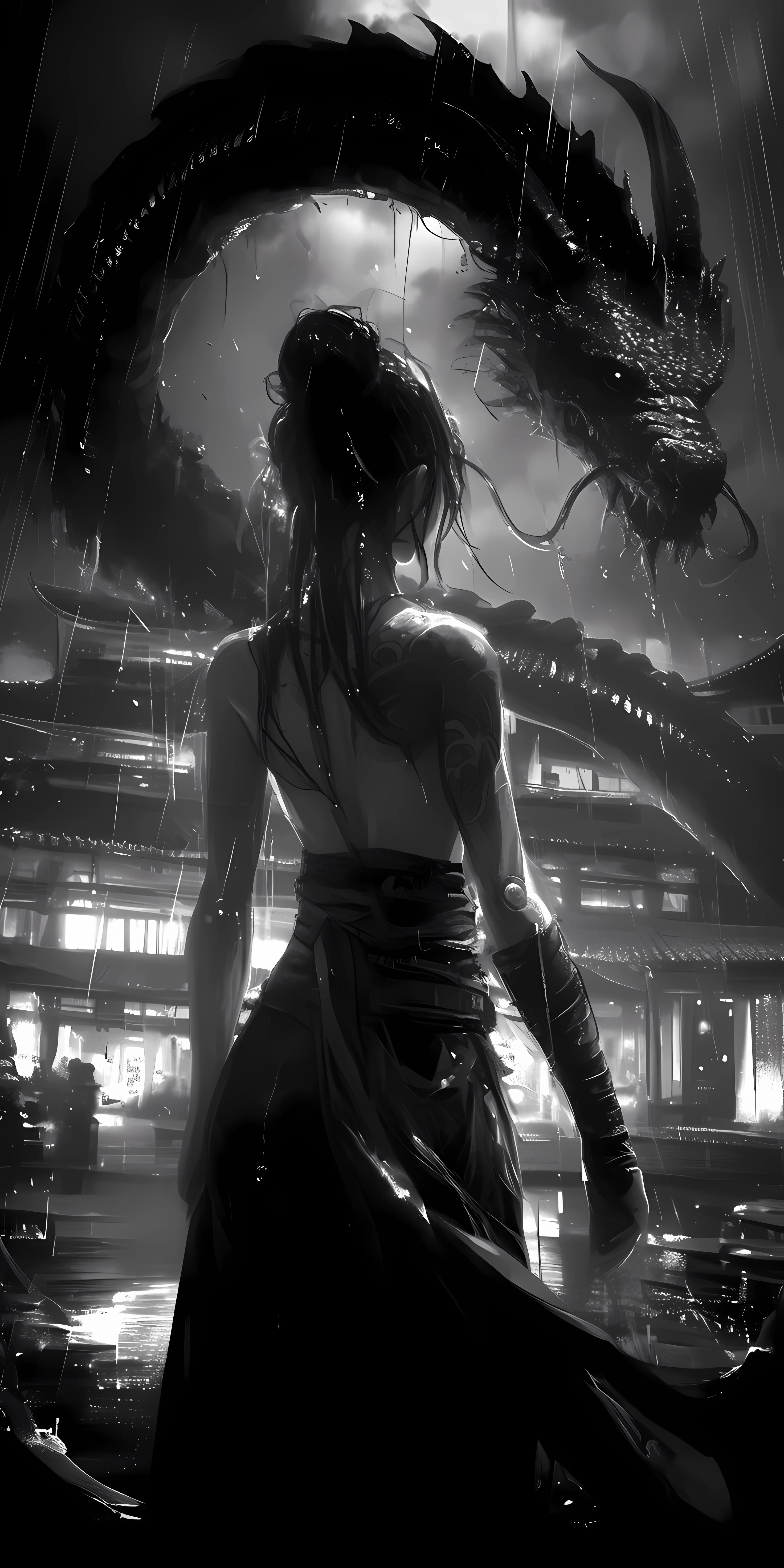 Monochrome Woman and Dragon in Rainy Cityscape