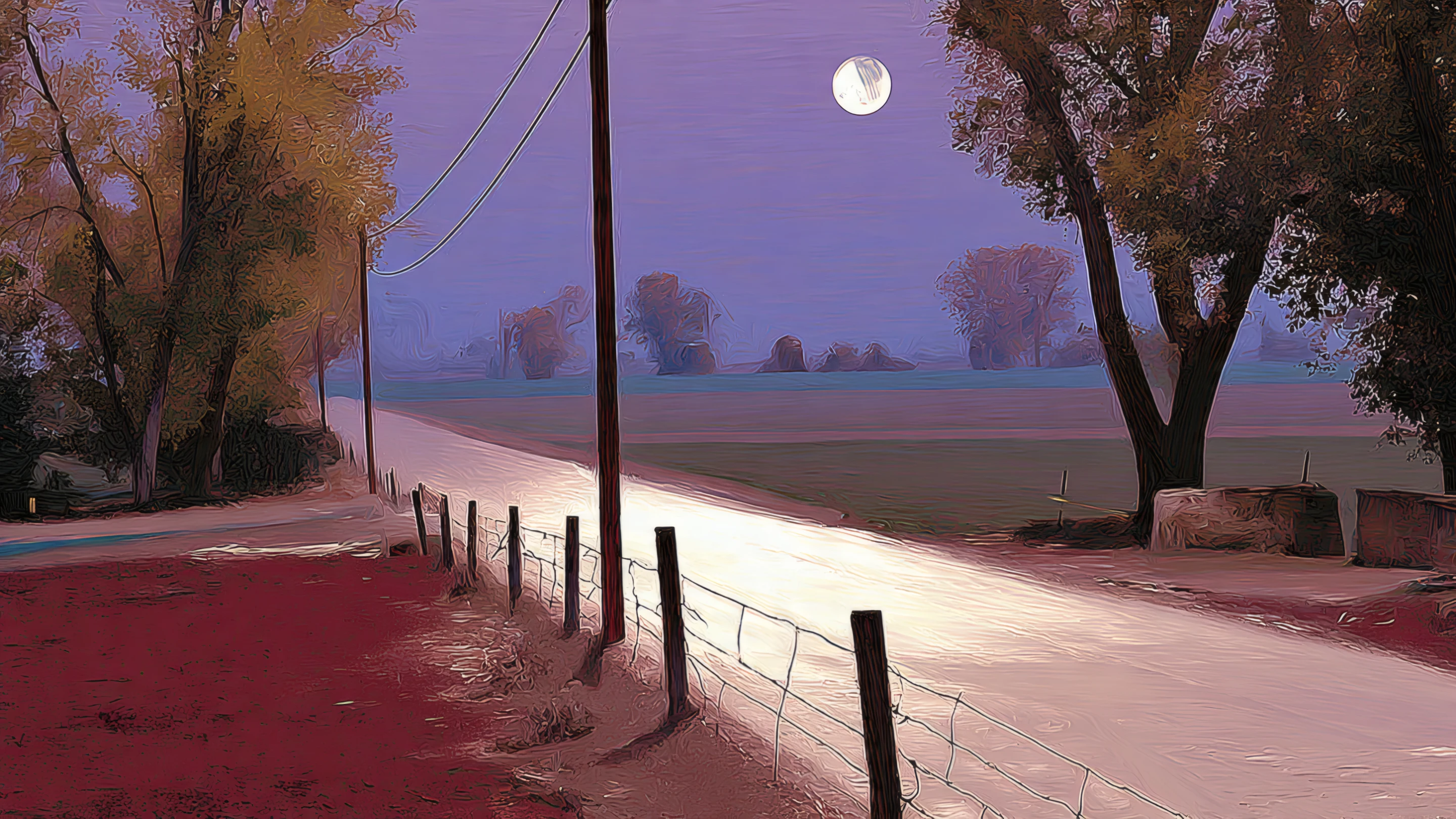Moonlit Country Road Landscape with Fences and Trees