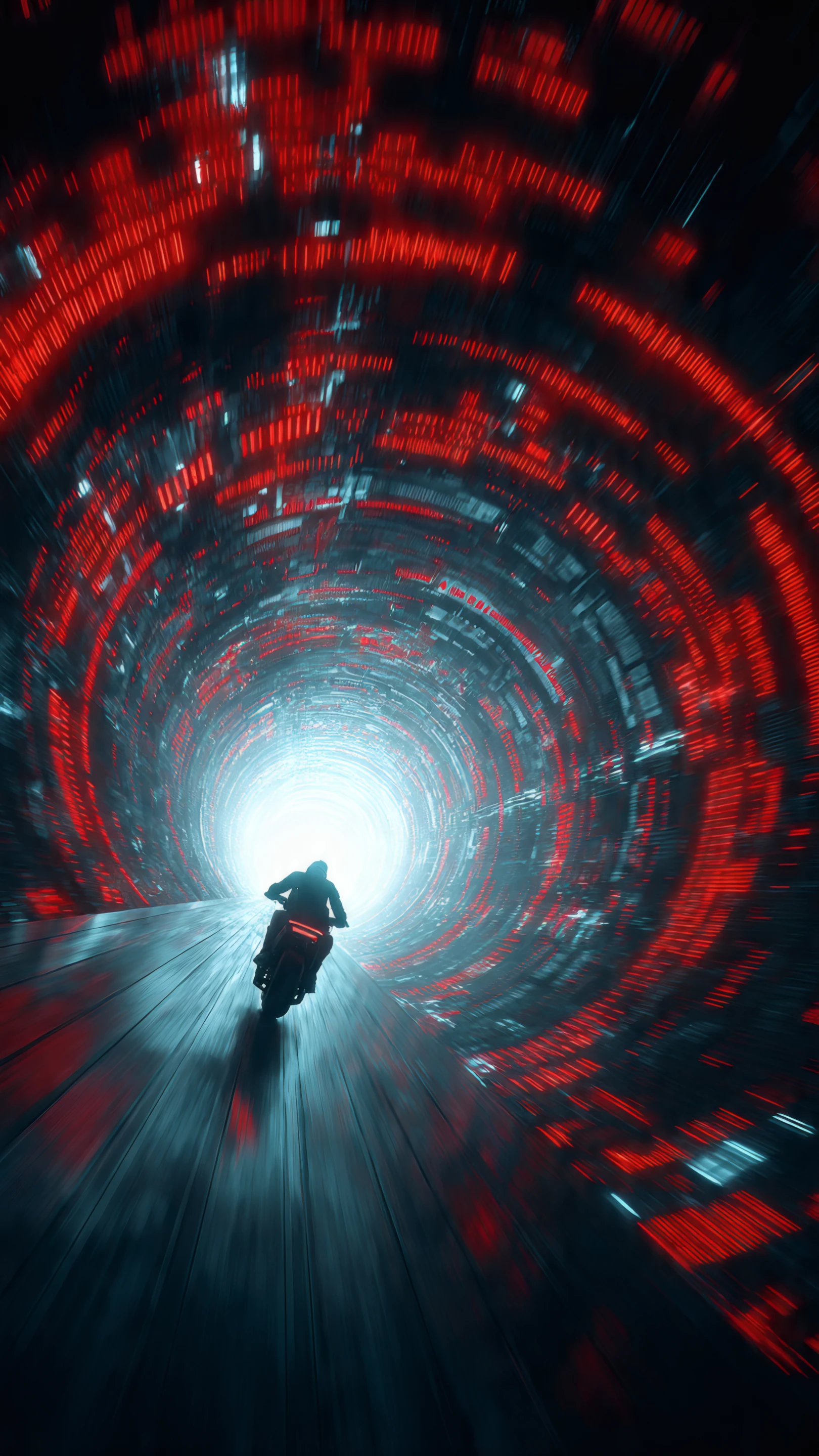 Motorcycle Rider Racing Through Cybernetic Red Tunnel