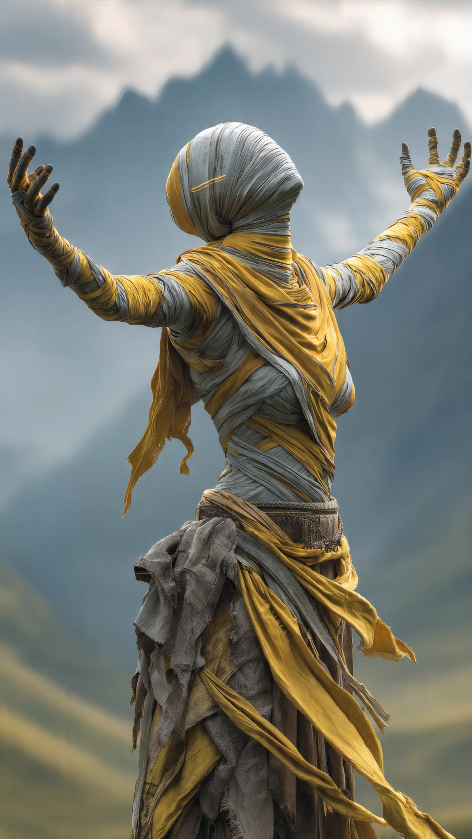 Mysterious Bandaged Figure in Mountain Landscape