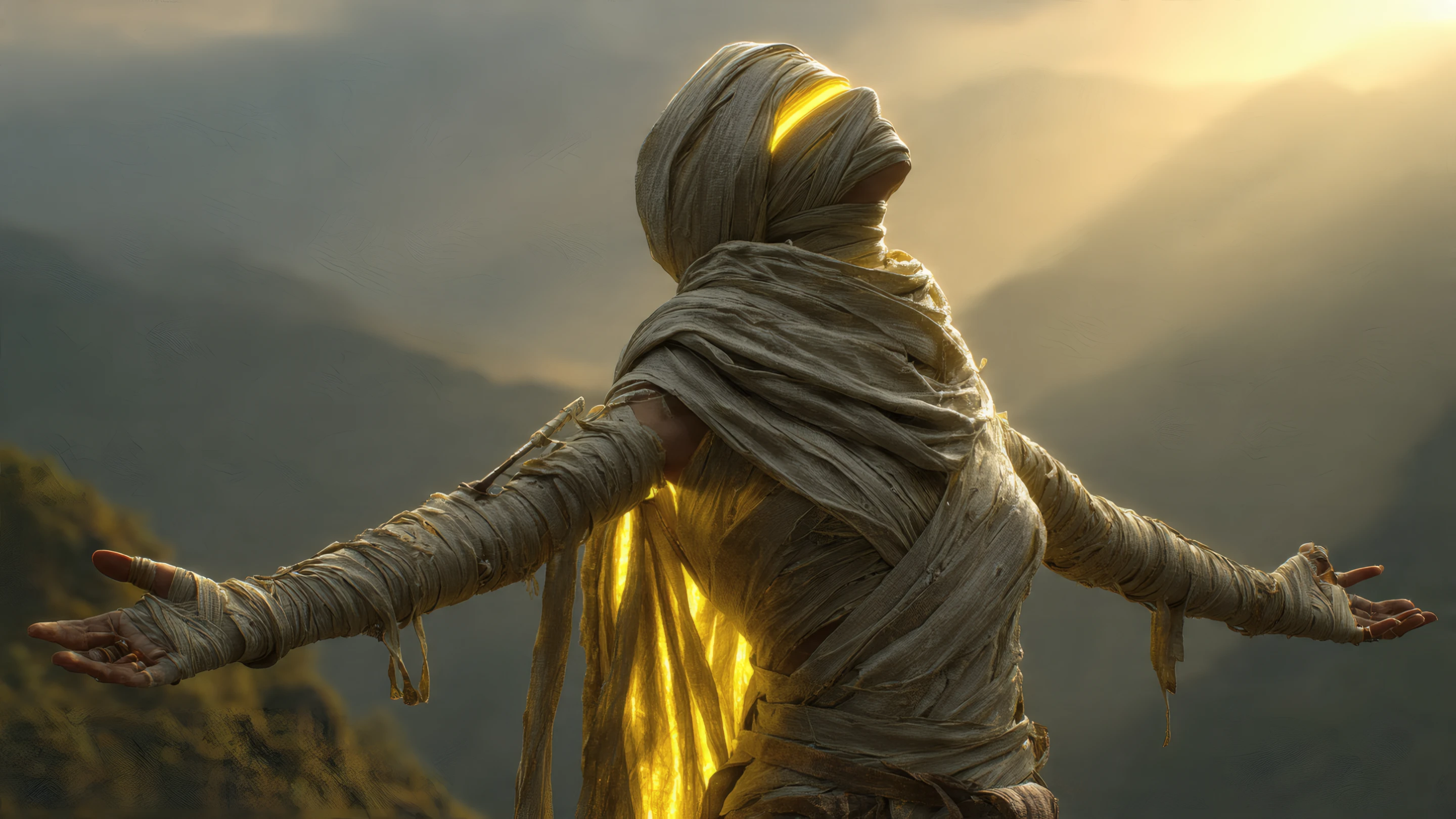 Mysterious Bandaged Figure in Mountain Landscape