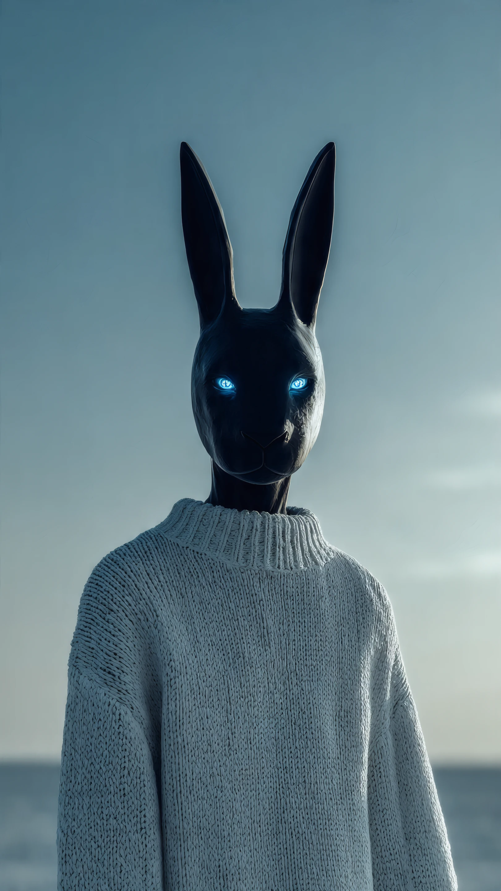 Mysterious Bunny Figure with Glowing Eyes in Sweater