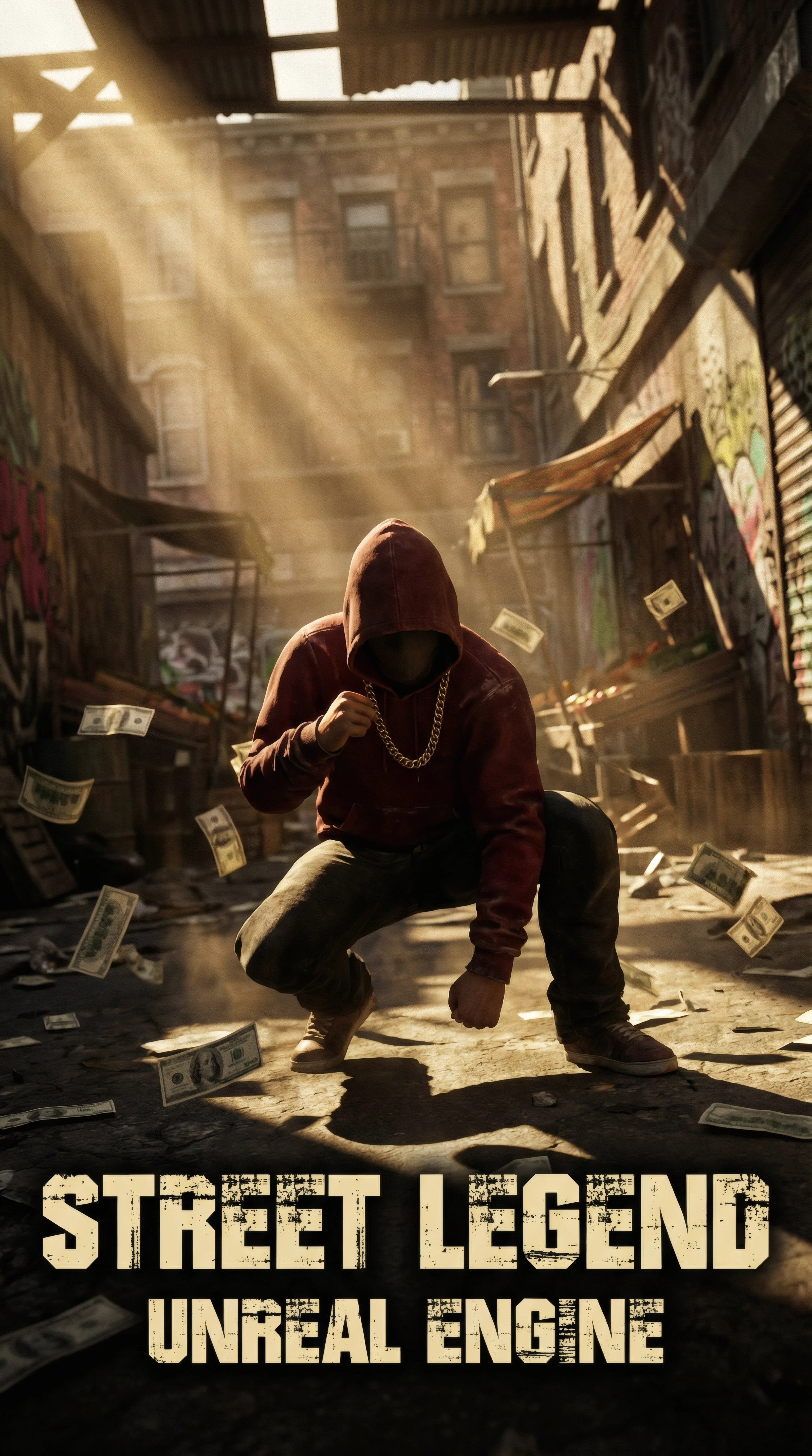 Mysterious Hooded Figure in Urban Alley with Falling Money